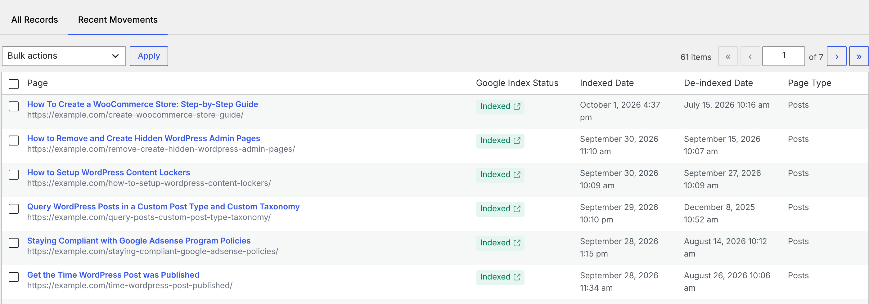 The Recent Movements tab showing Google index status changes