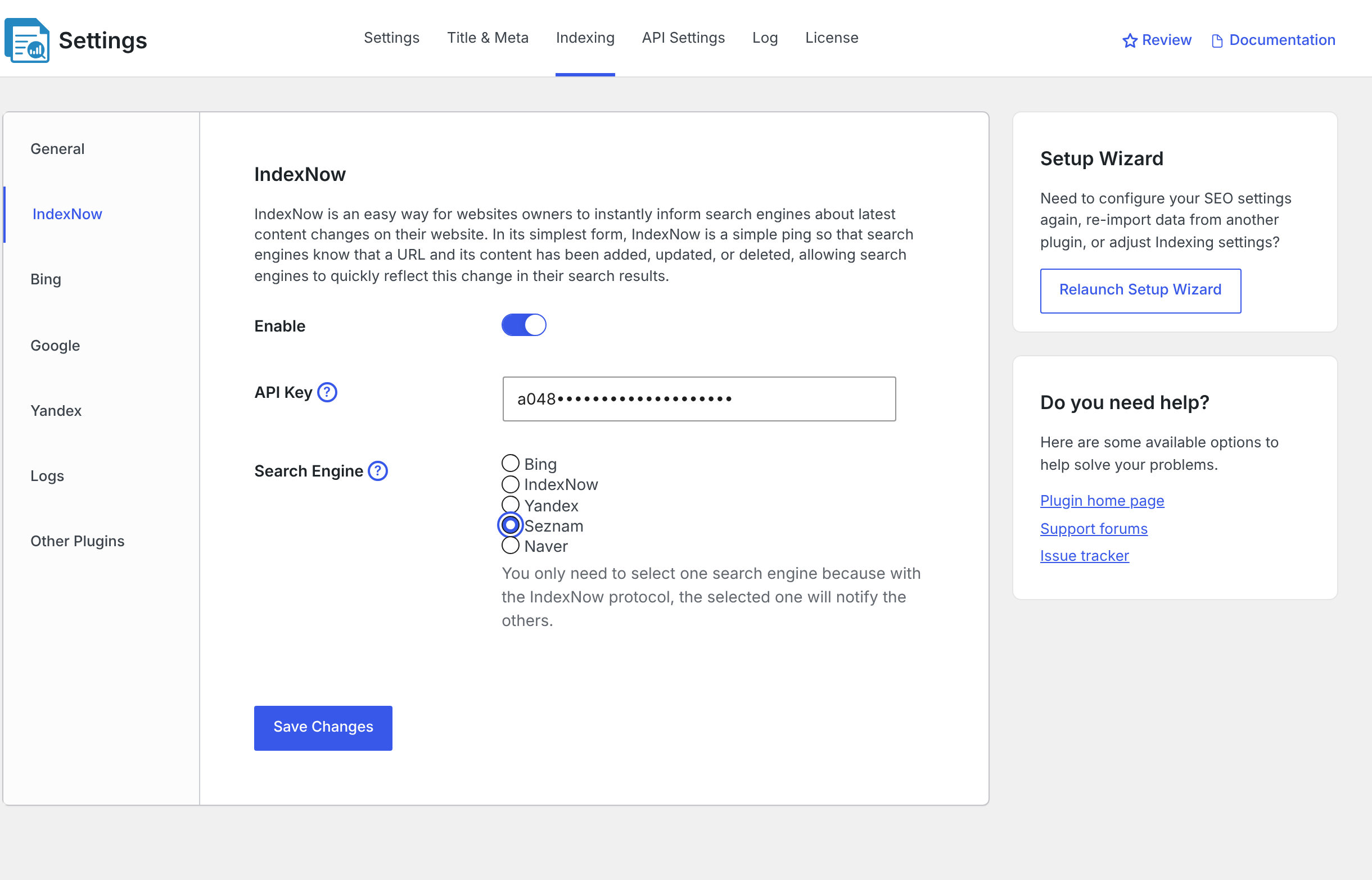 The CrawlWP IndexNow settings with Seznam selected