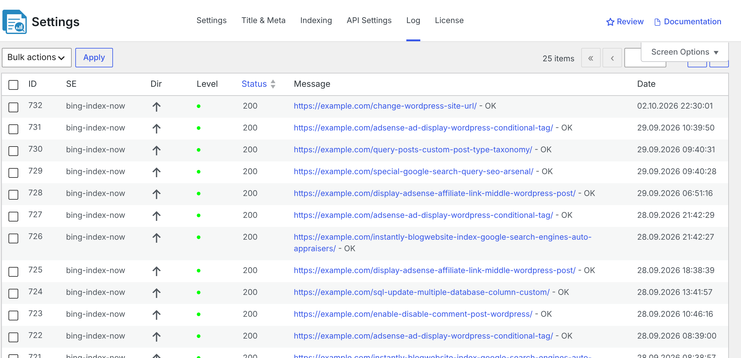 The CrawlWP indexing log