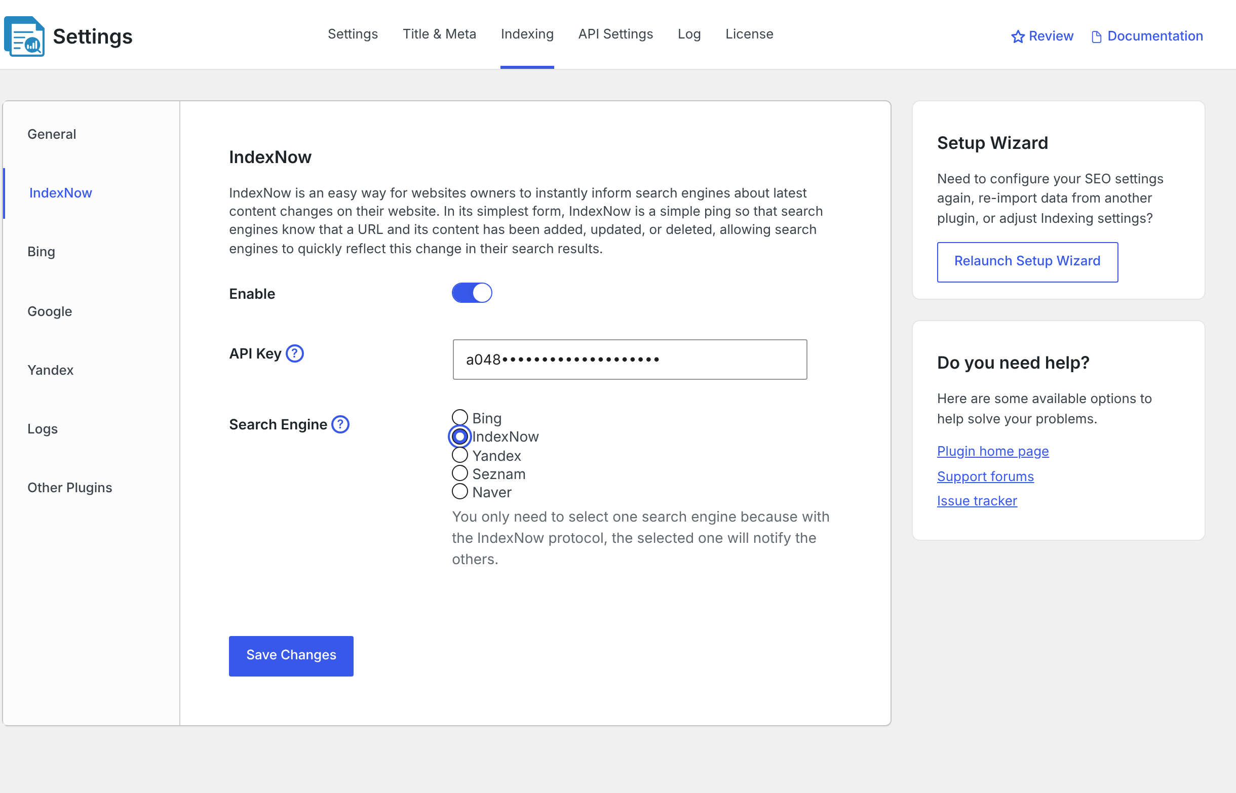 The IndexNow settings with the IndexNow option selected
