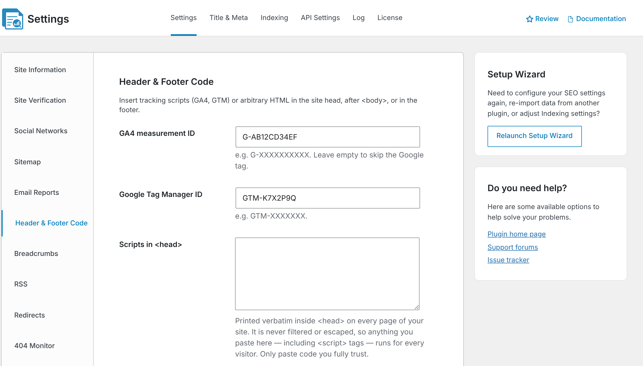 The CrawlWP Header & Footer Code settings for GA4 and Google Tag Manager