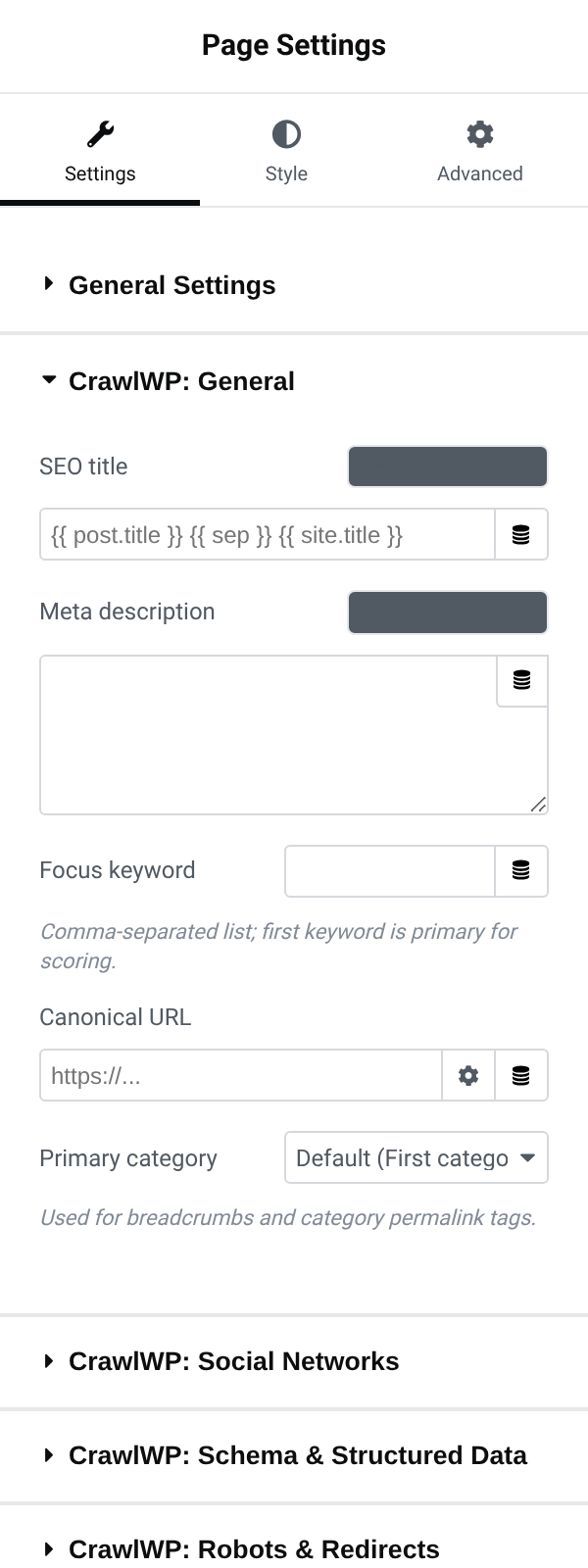 The CrawlWP General section in Elementor's Page Settings