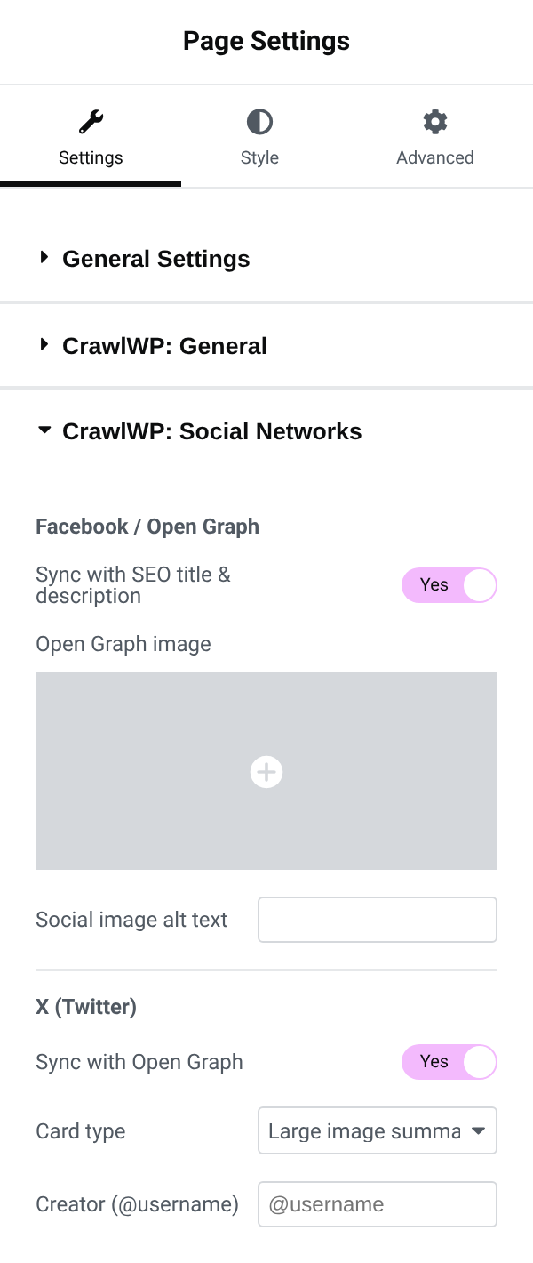 The CrawlWP Social Networks section in Elementor