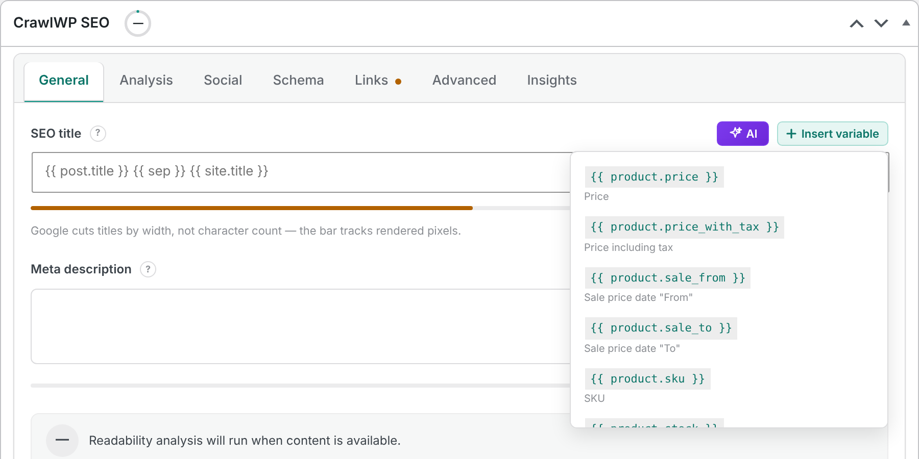 WooCommerce product variables in the CrawlWP Insert variable menu