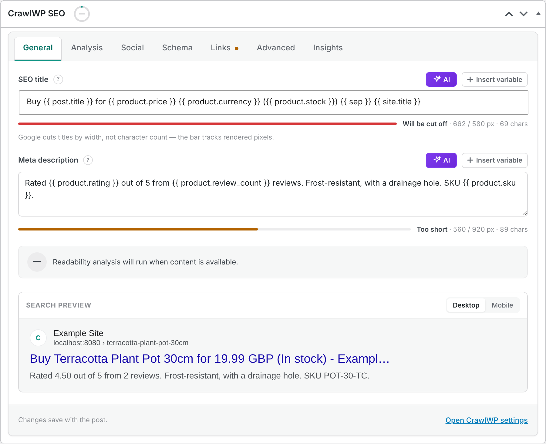 A WooCommerce product SEO title and description using CrawlWP product variables