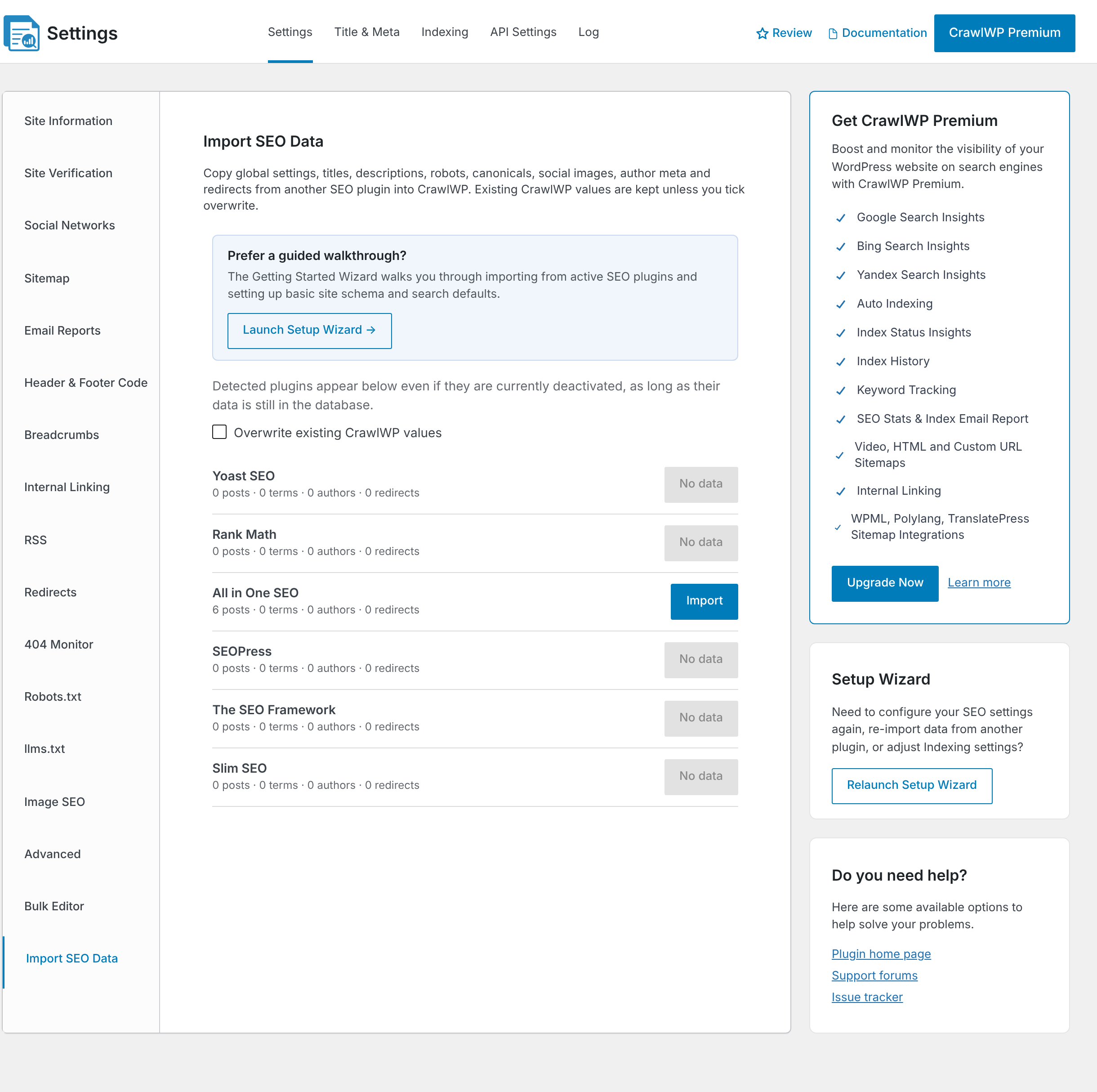 The Import SEO Data screen with All in One SEO detected