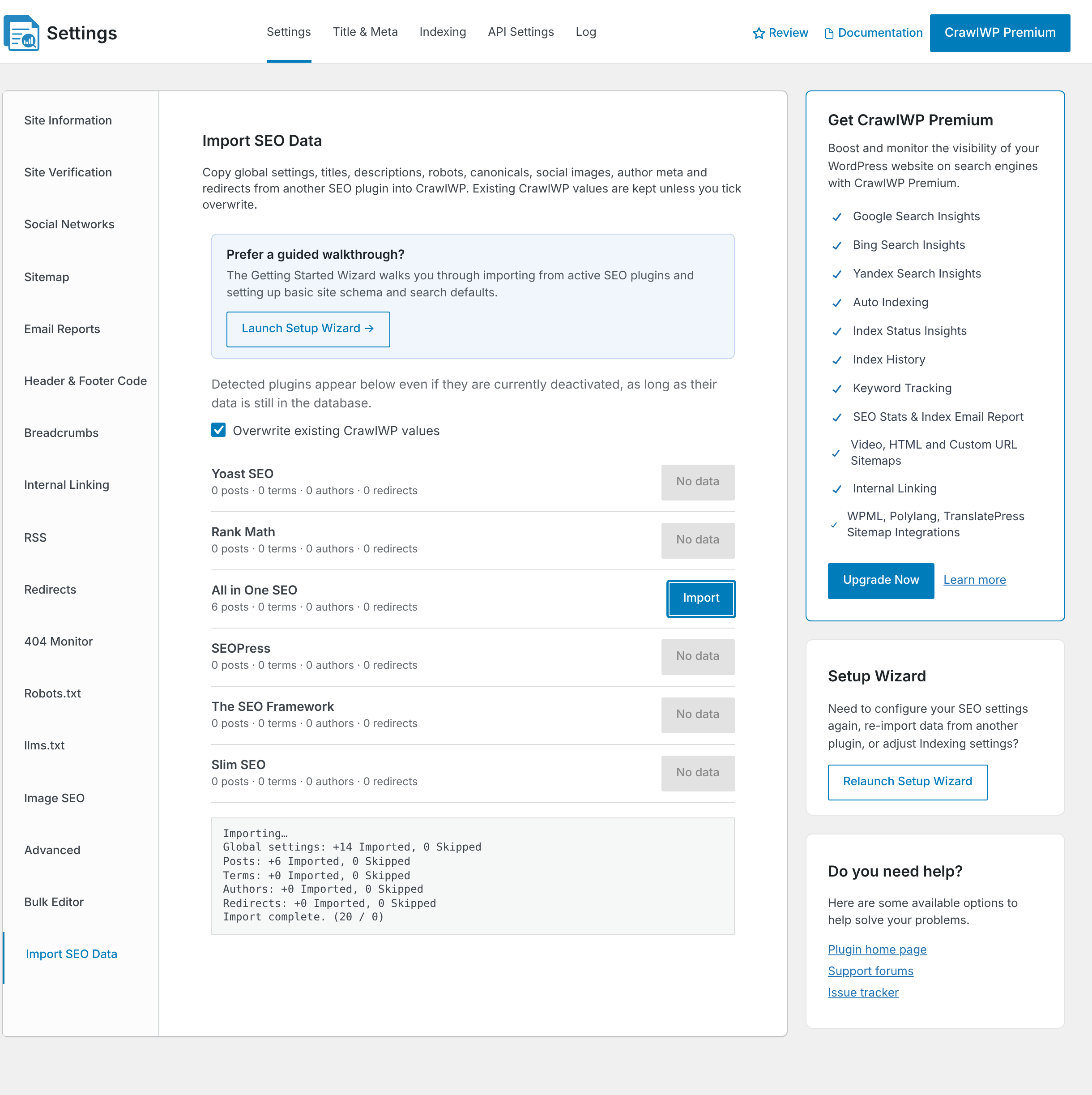 The import log after a completed All in One SEO import
