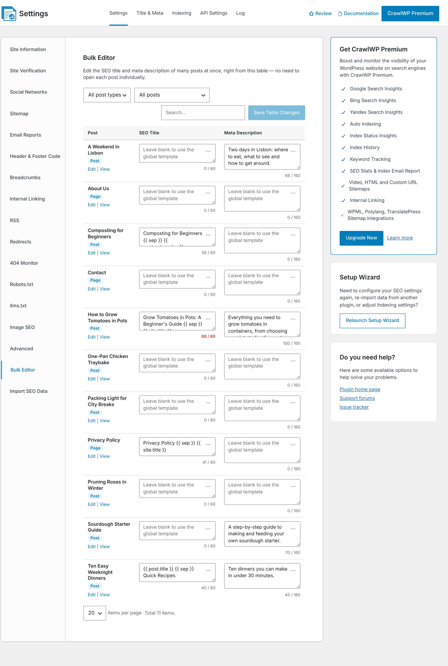 The Bulk Editor showing titles and descriptions imported from All in One SEO