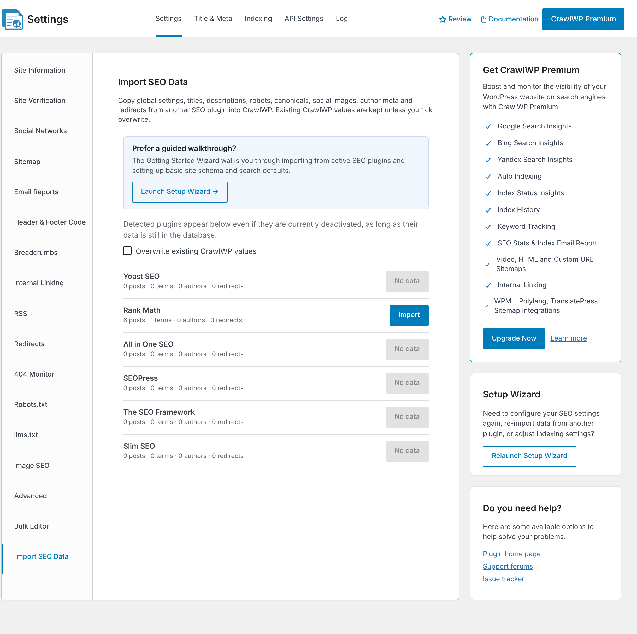The Import SEO Data screen with Rank Math detected