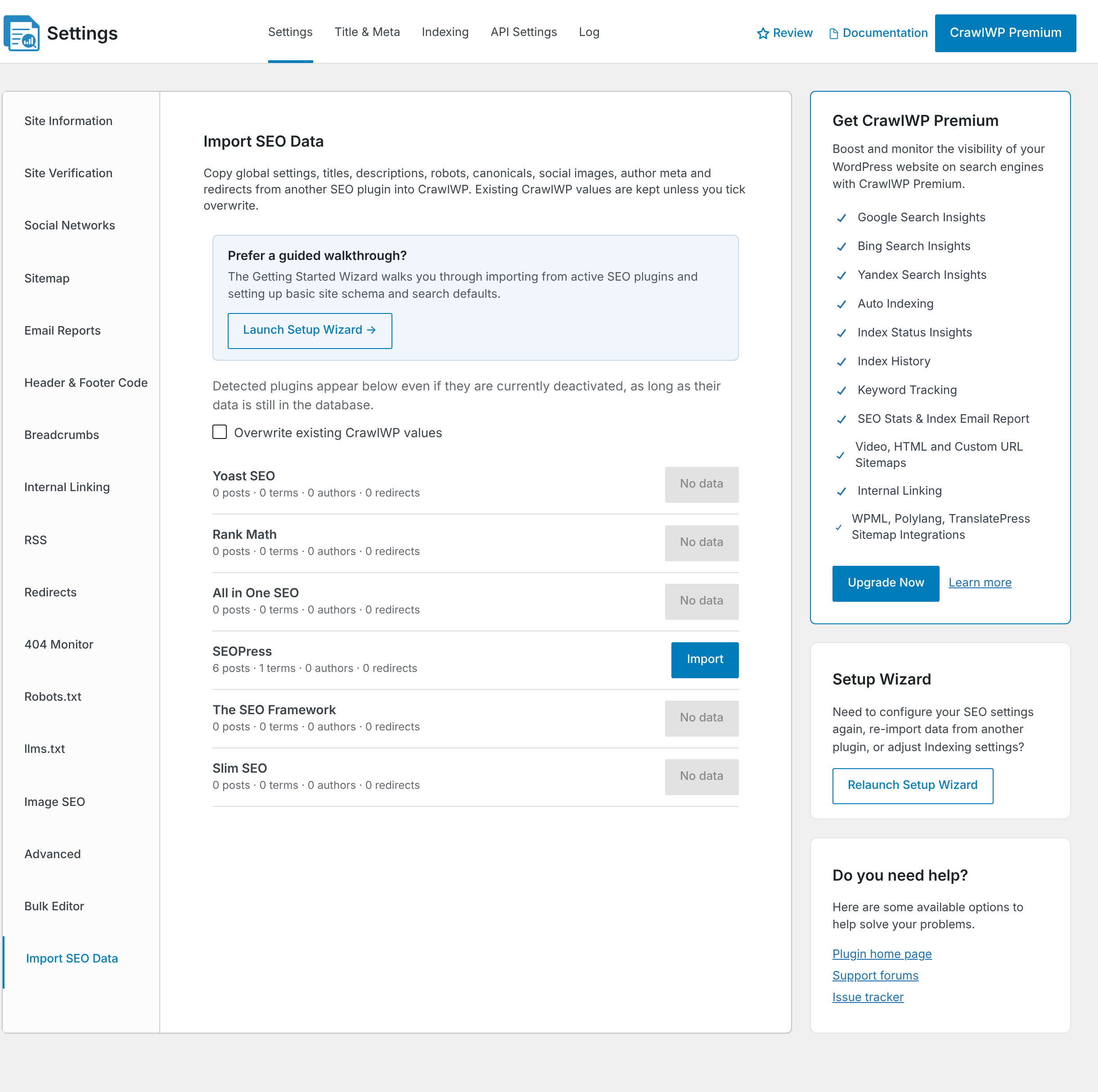 The Import SEO Data screen with SEOPress detected
