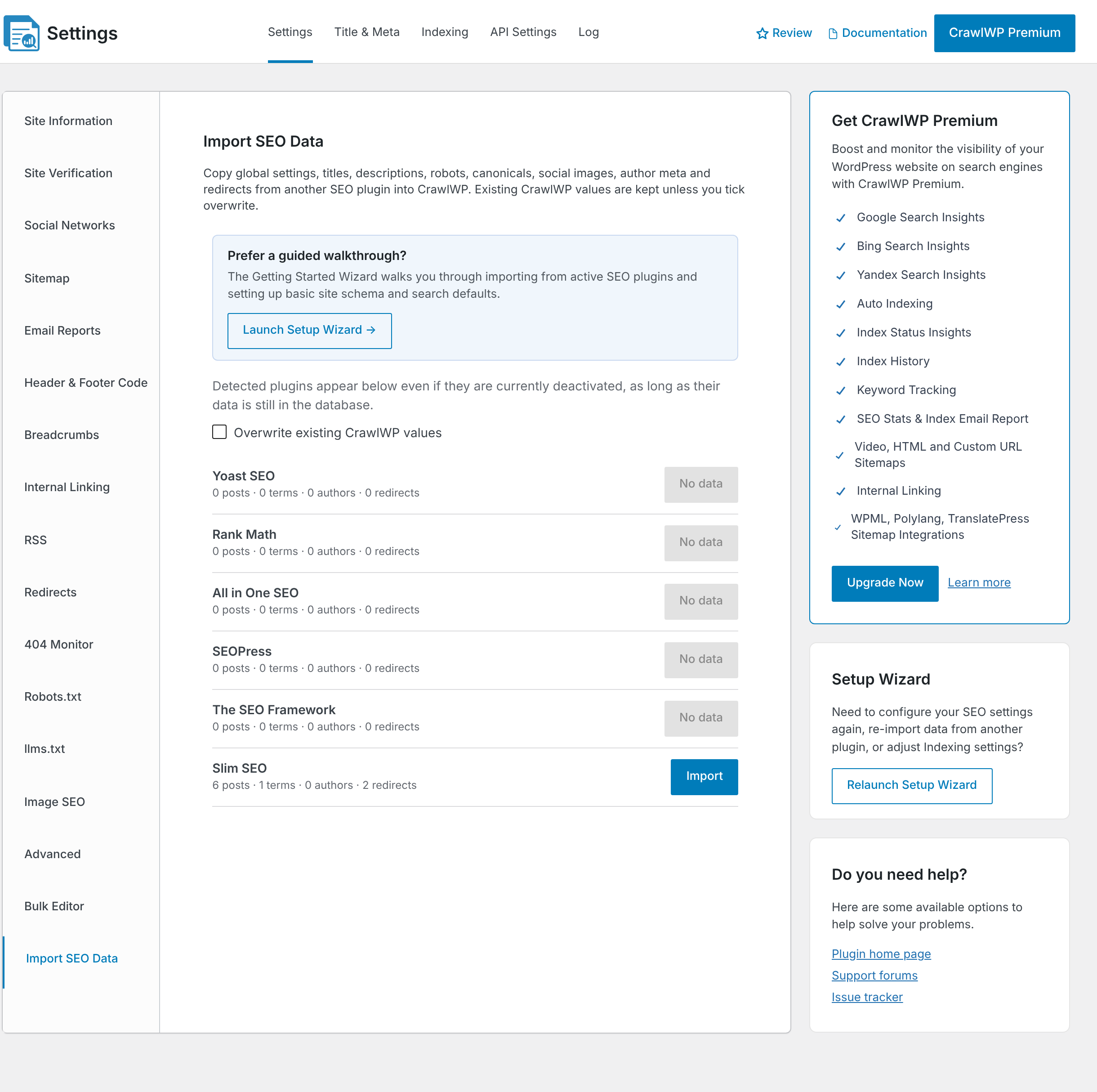 The Import SEO Data screen with Slim SEO detected