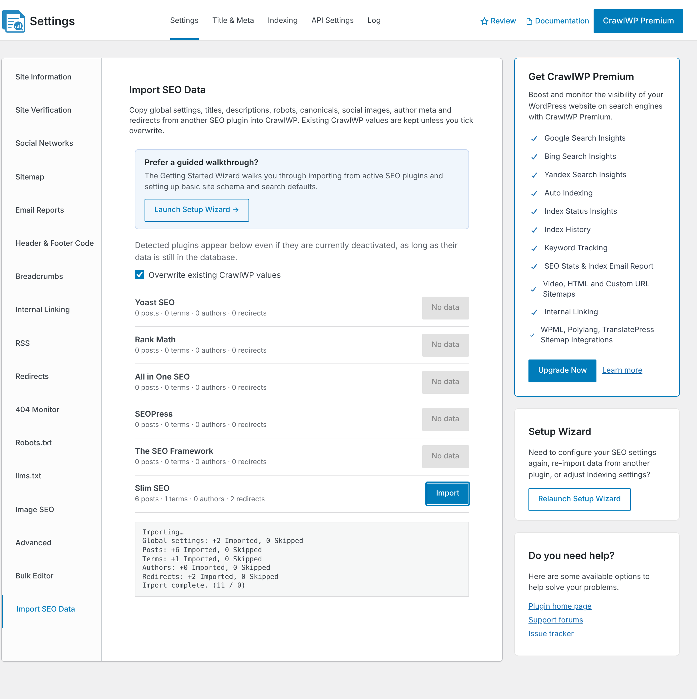 The import log after a completed Slim SEO import