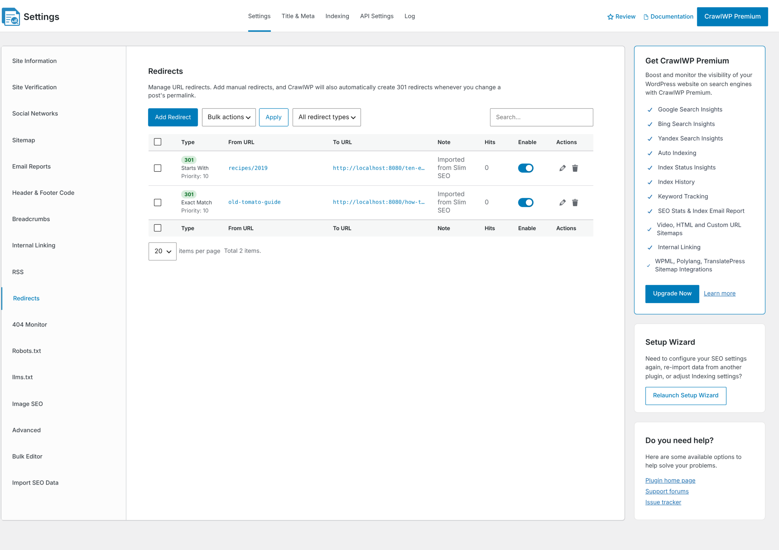 Redirects imported from Slim SEO