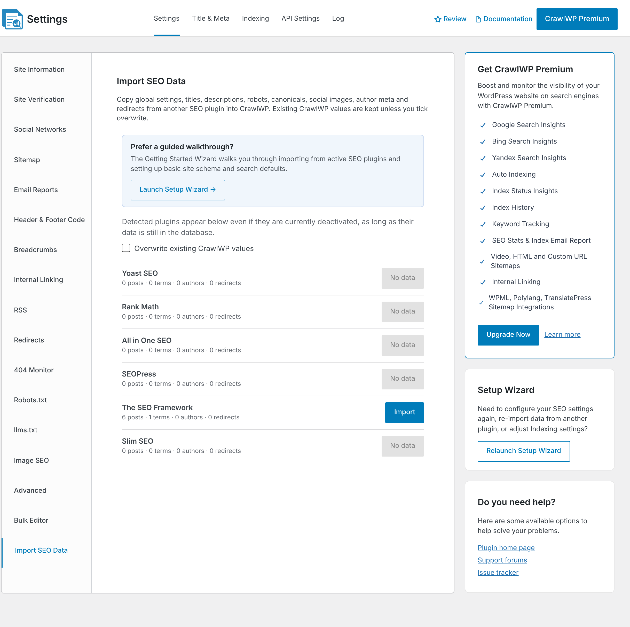The Import SEO Data screen with The SEO Framework detected