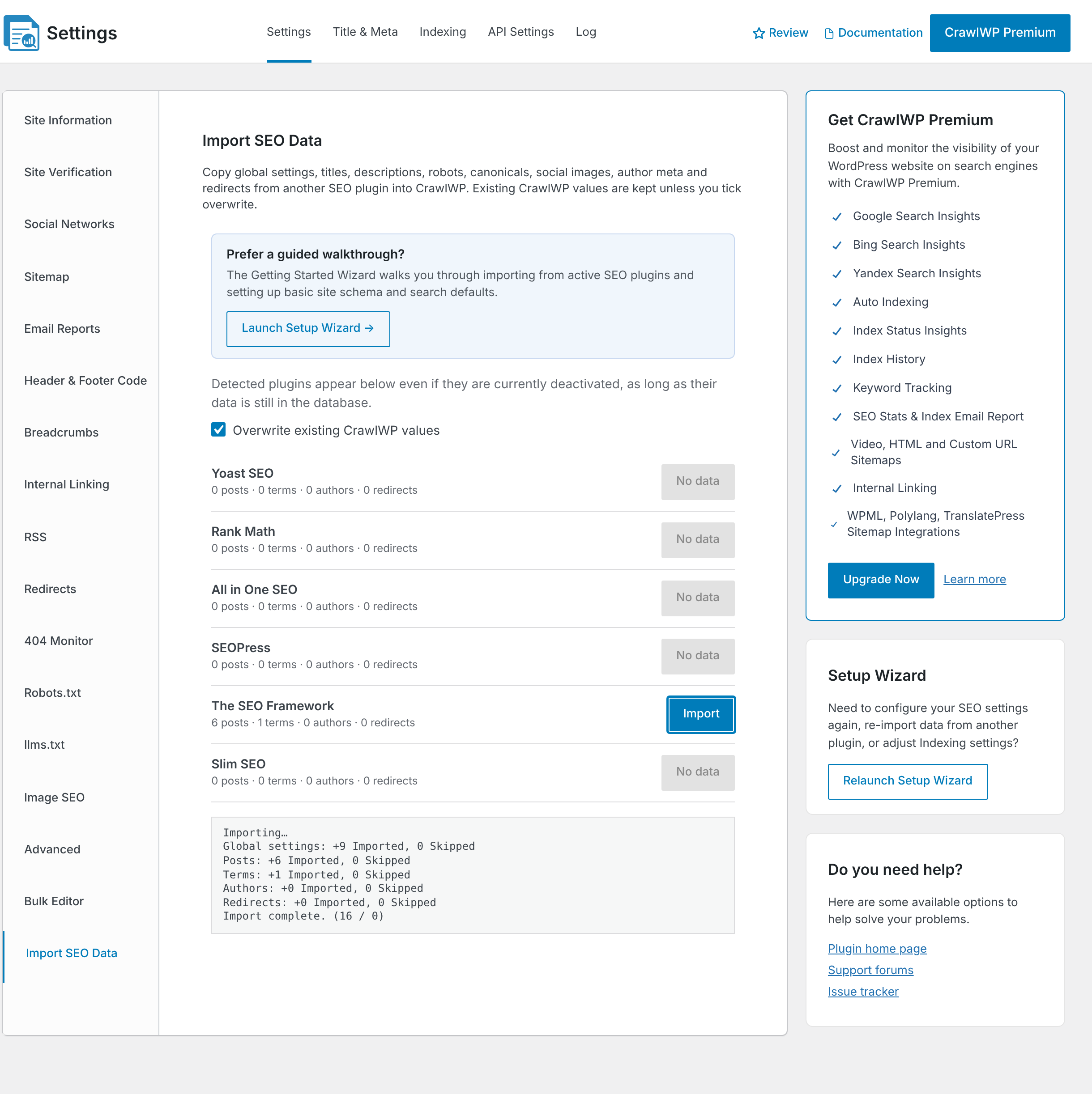 The import log after a completed The SEO Framework import