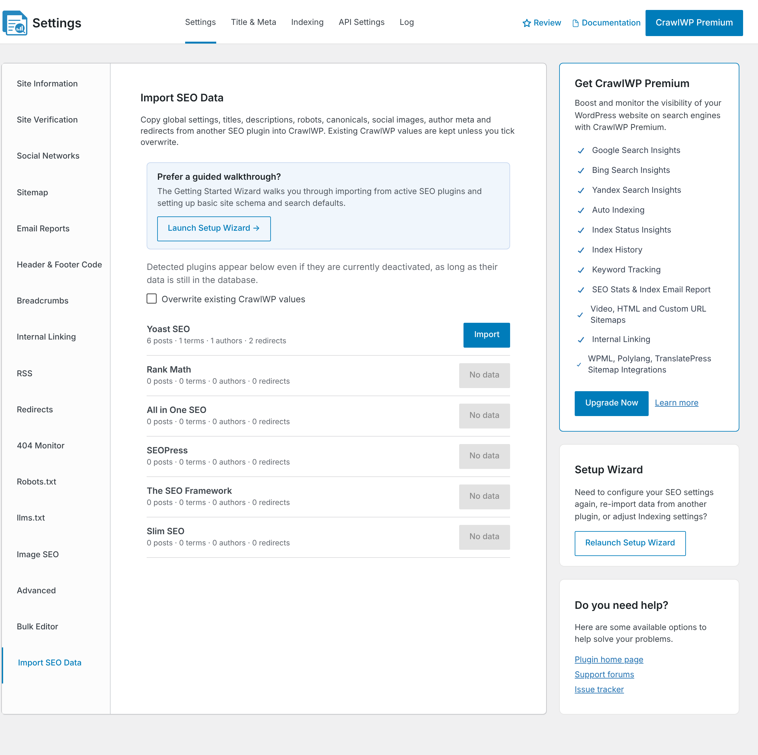 The Import SEO Data screen with Yoast SEO detected