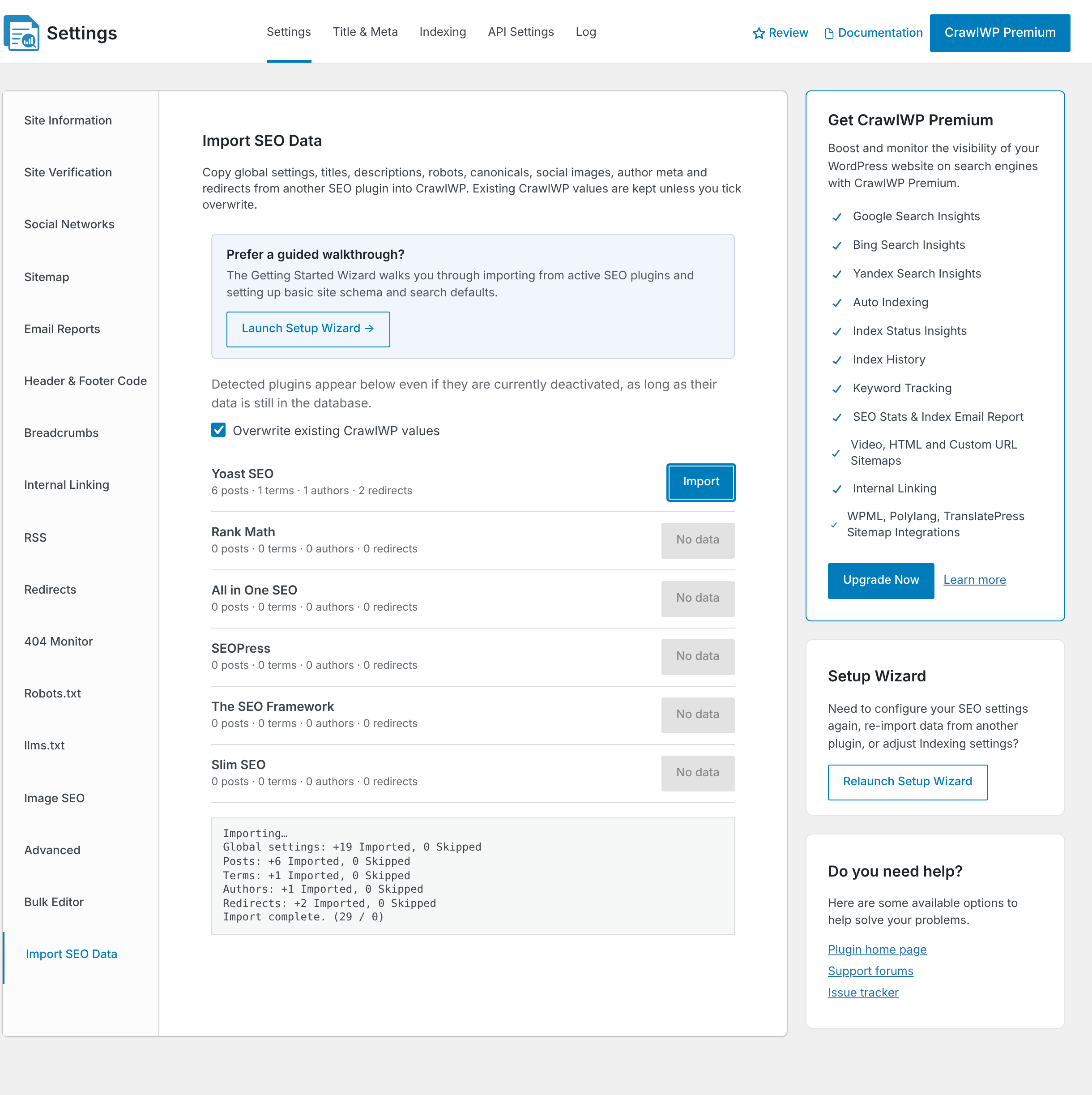 The import log after a completed Yoast SEO import