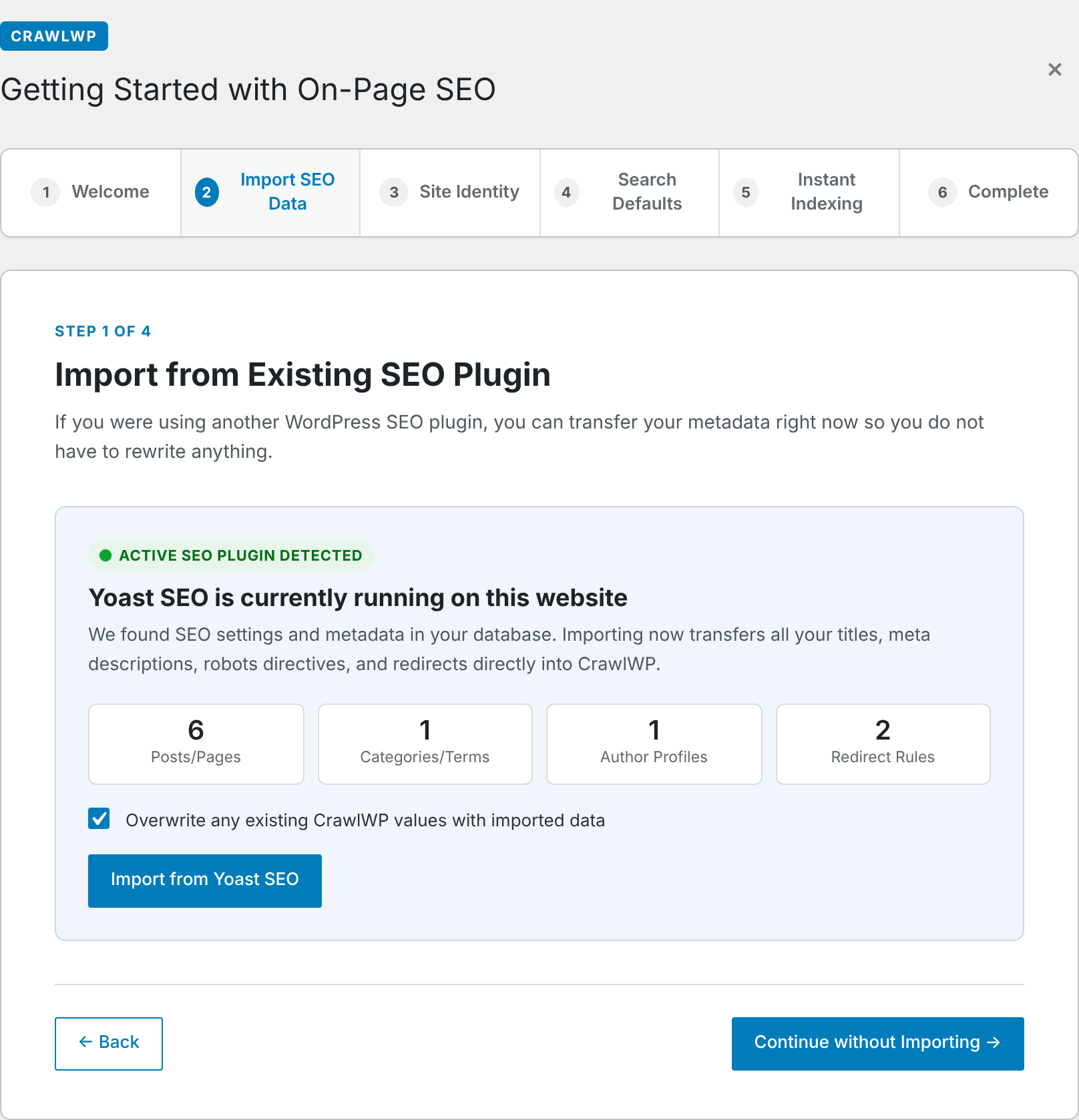The Import SEO Data step of the Setup Wizard with Yoast SEO detected