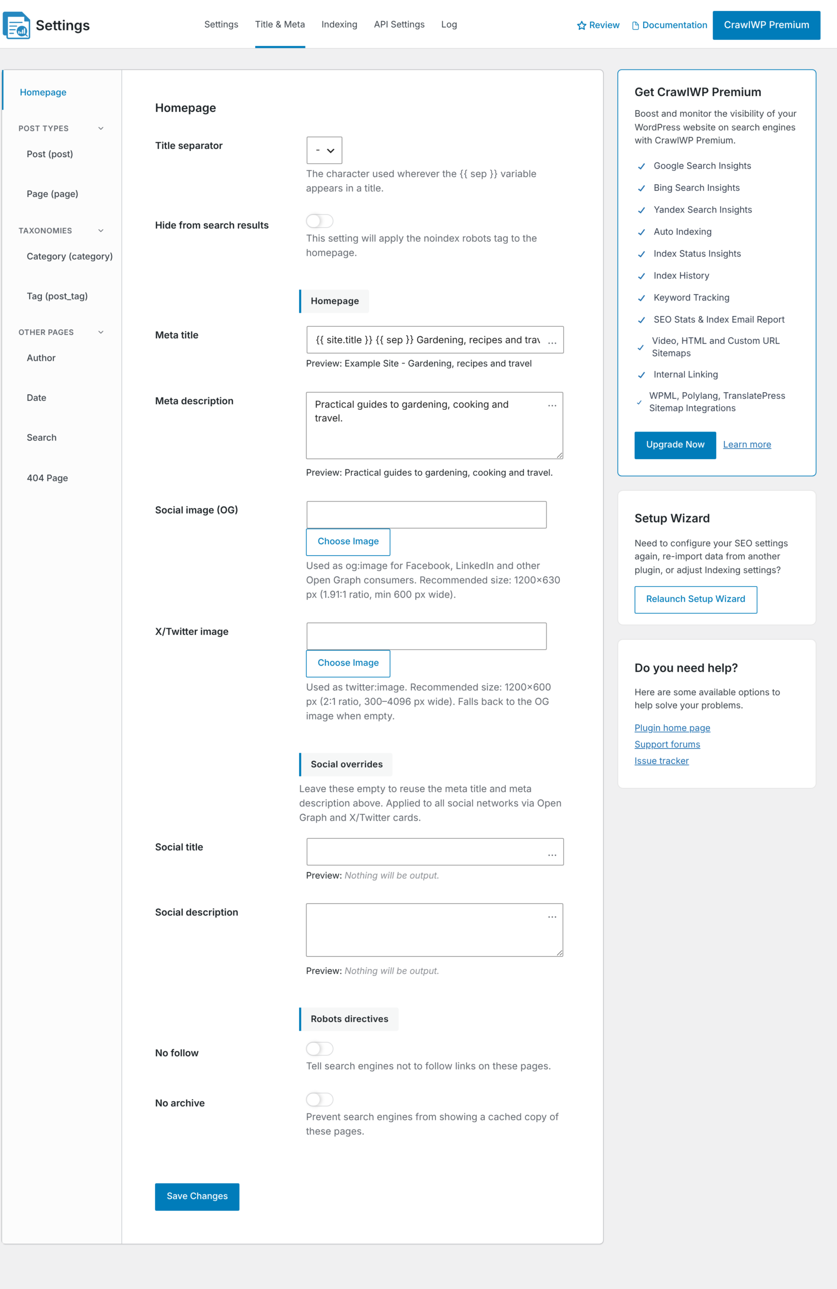 The Title & Meta tab showing an imported homepage title and description
