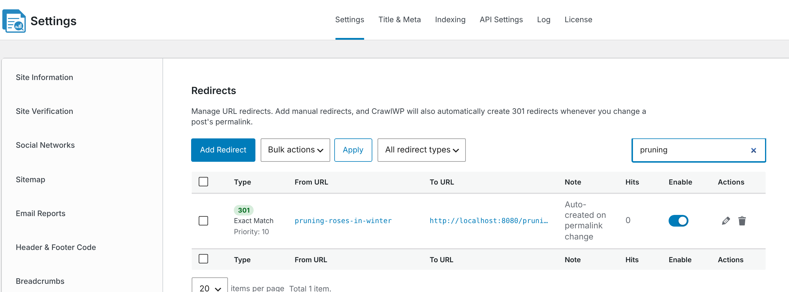 An automatic redirect in the Redirects list