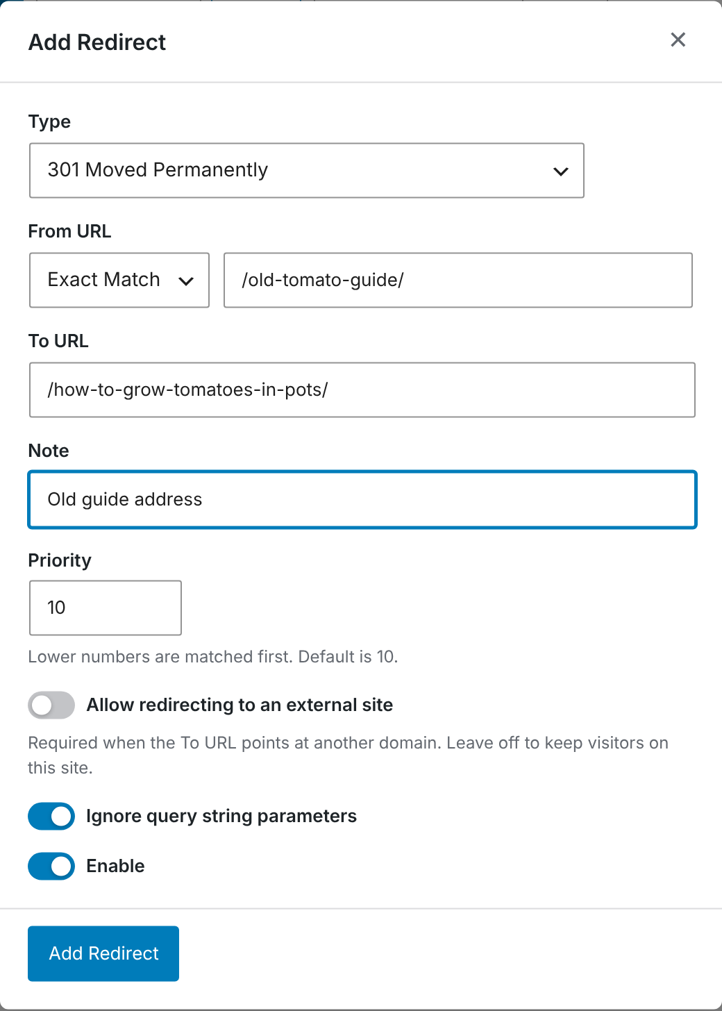 The Add Redirect window with a 301 redirect filled in