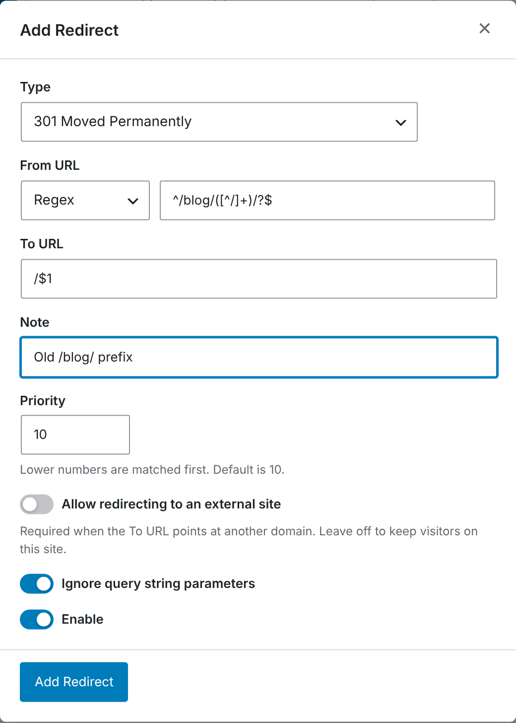 The Add Redirect window with a regex redirect