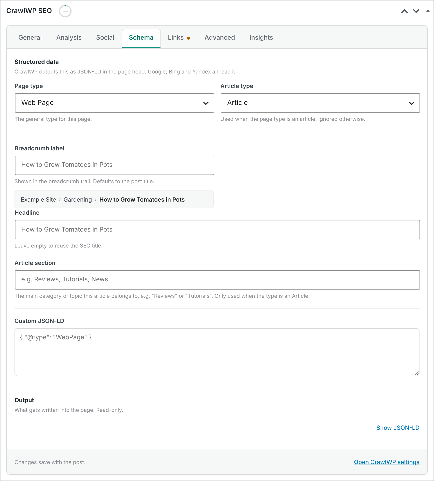 The Schema tab of the CrawlWP SEO box