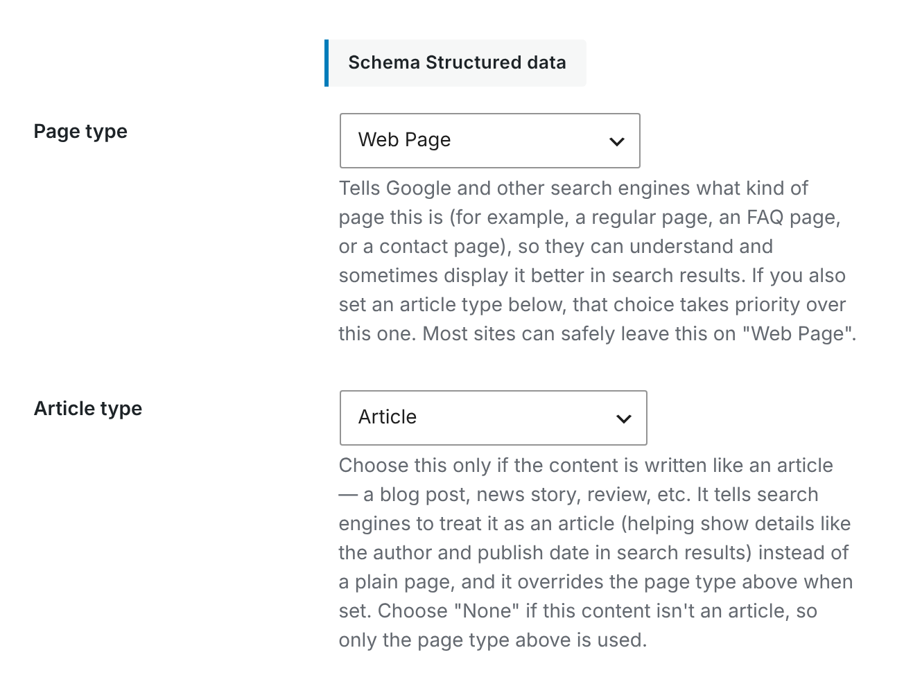 The Schema Structured data settings for the Post post type