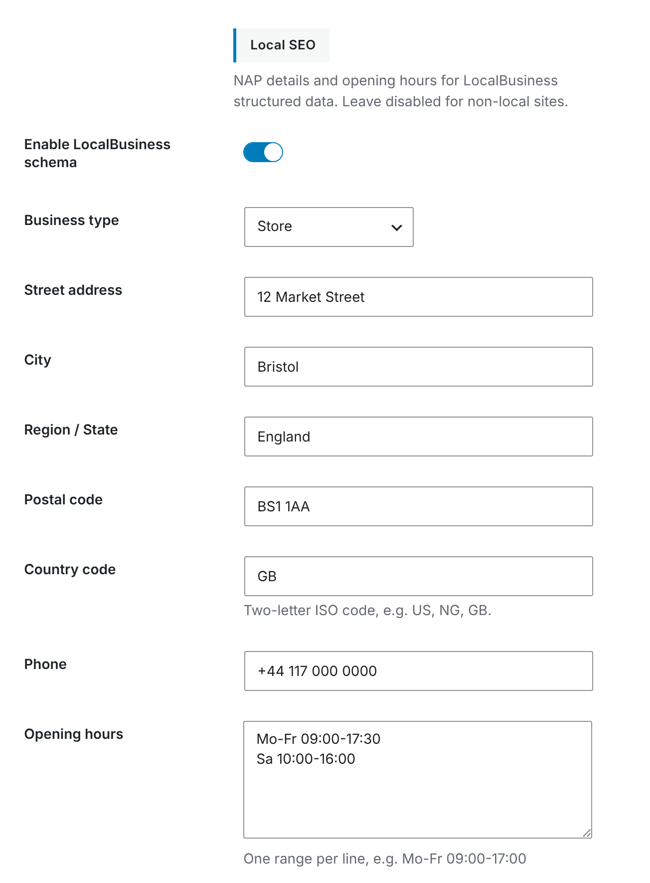 The LocalBusiness schema SEO settings filled in for a shop