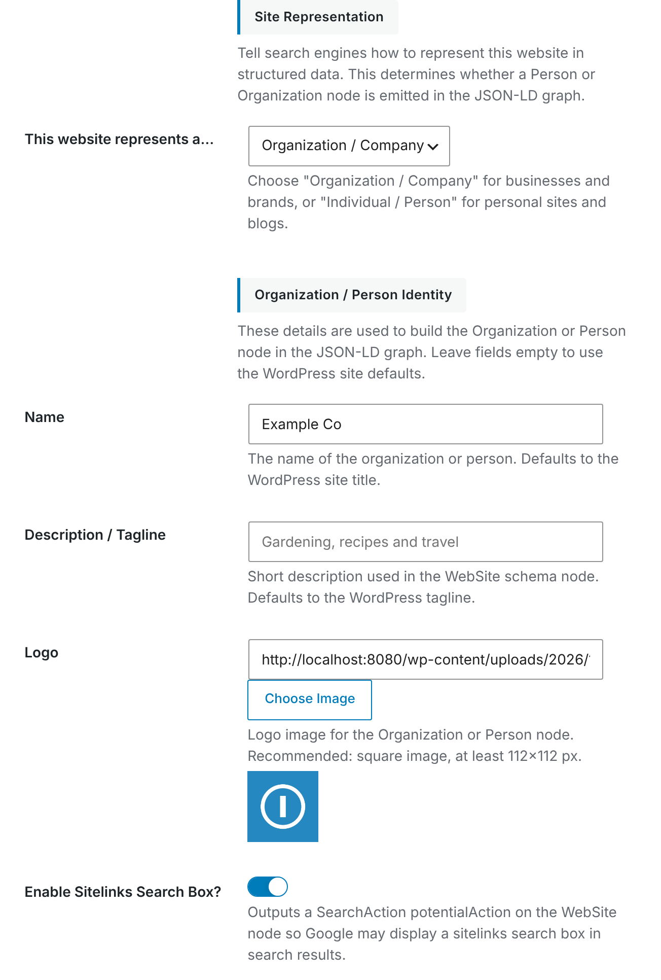 The Site Representation and Organization / Person Identity settings