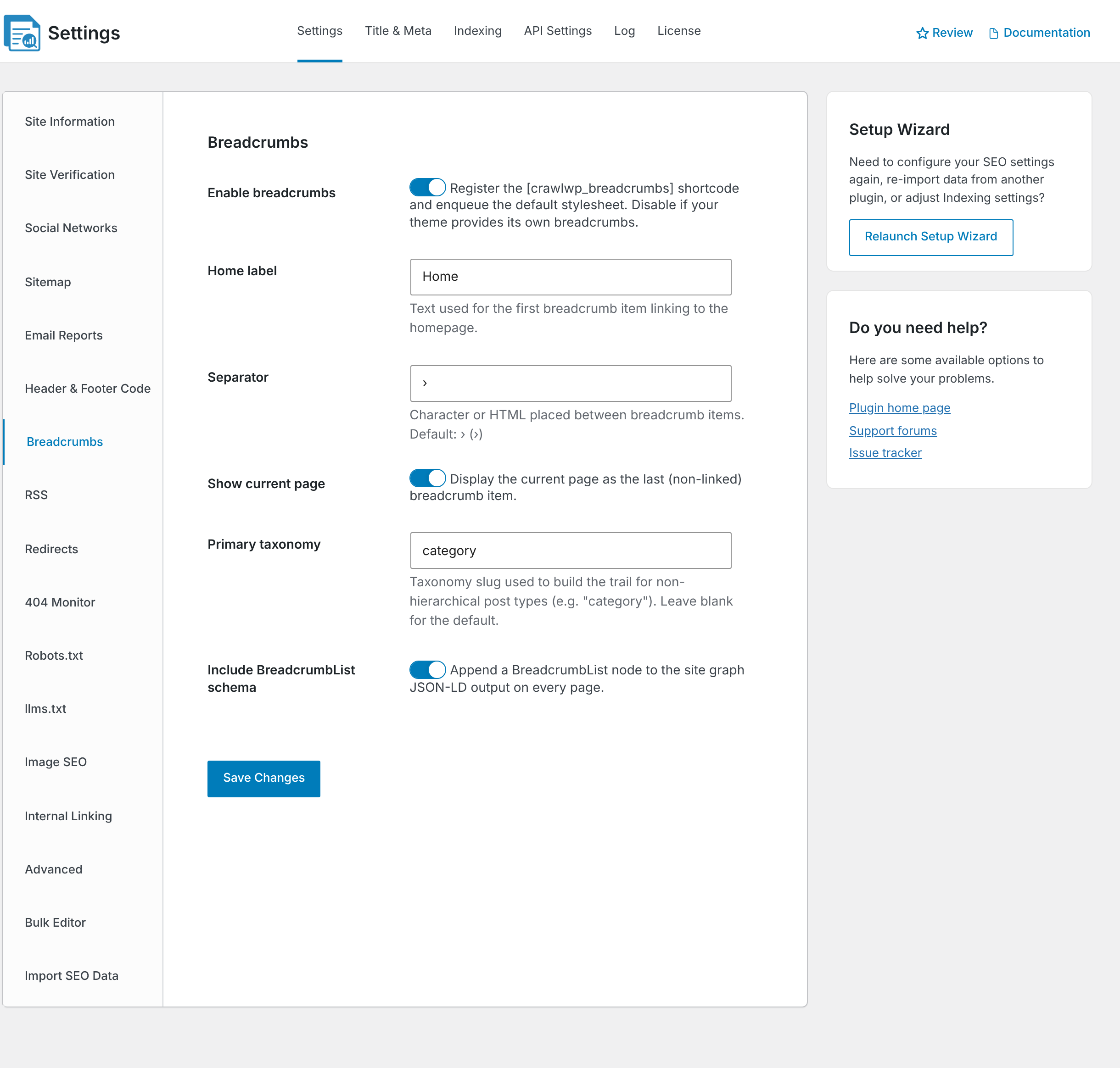 The Breadcrumbs settings screen in CrawlWP