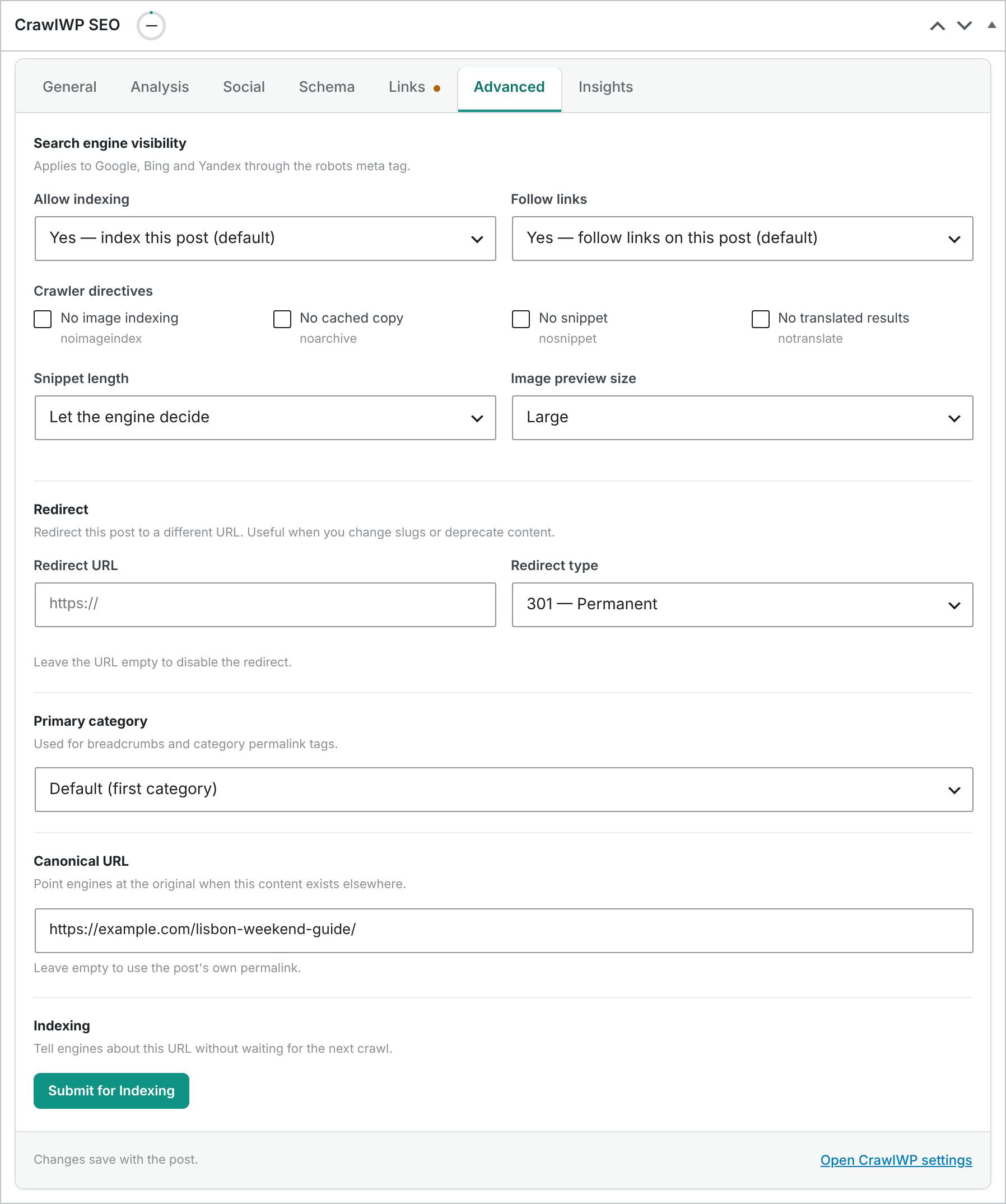 The Canonical URL field on the Advanced tab of the CrawlWP SEO box