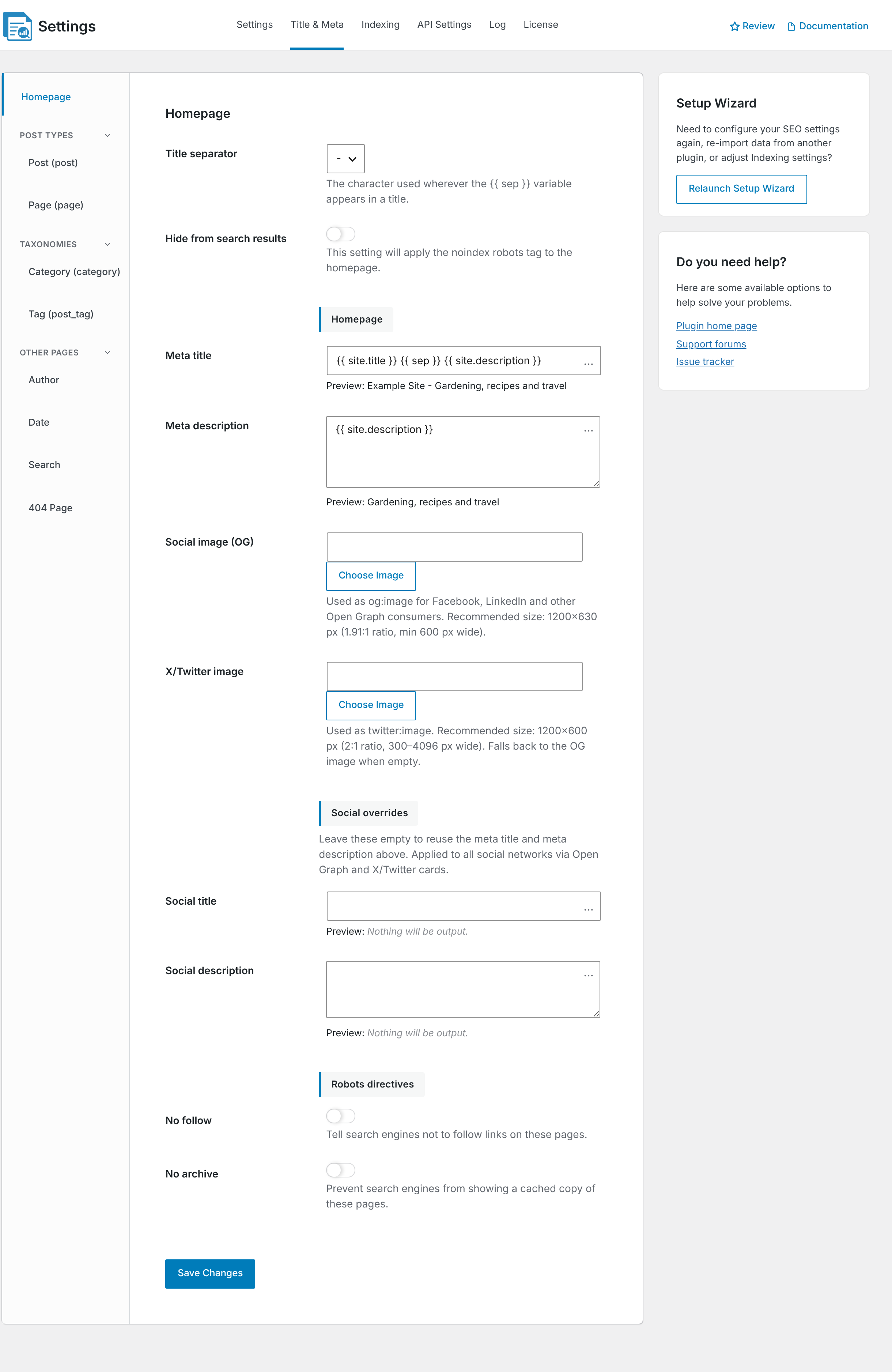 The Homepage settings on the Title & Meta tab
