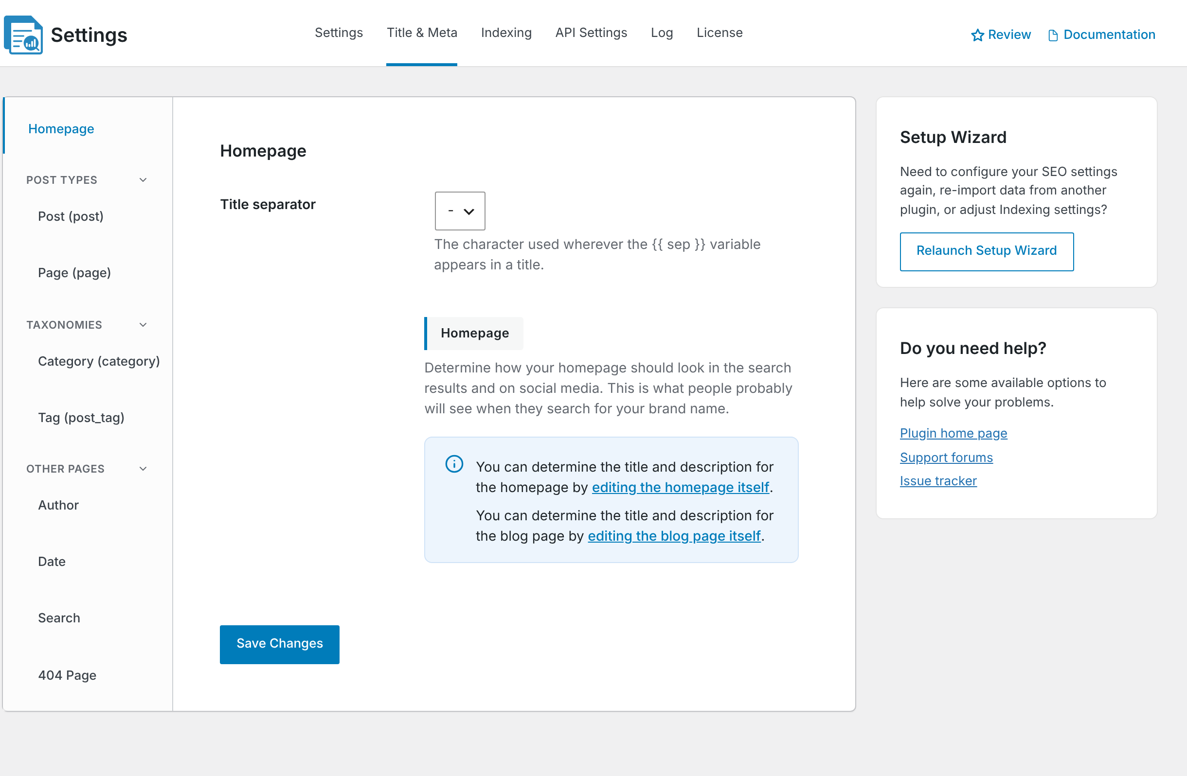 The Homepage screen when a static page is set as the homepage