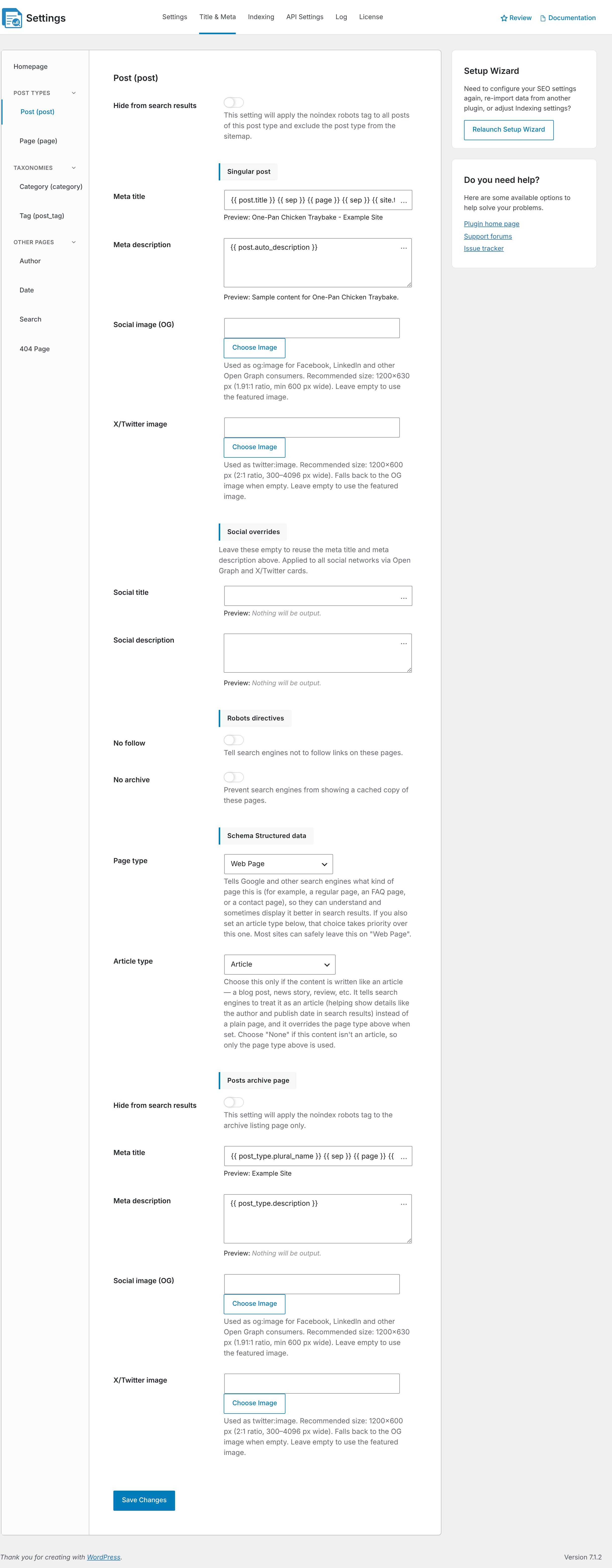 The Title & Meta settings for the Post post type