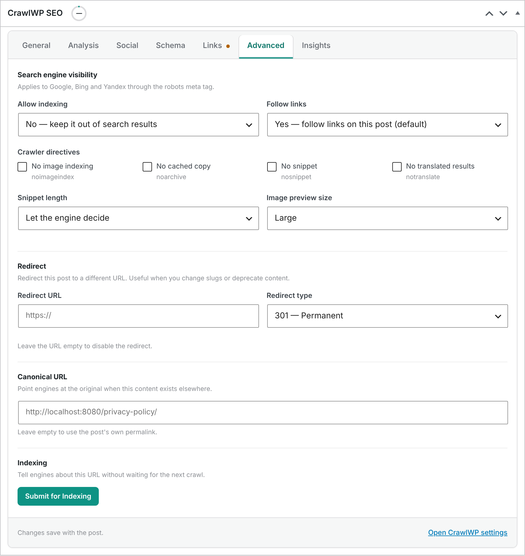 The Advanced tab of the CrawlWP SEO box with Allow indexing set to No