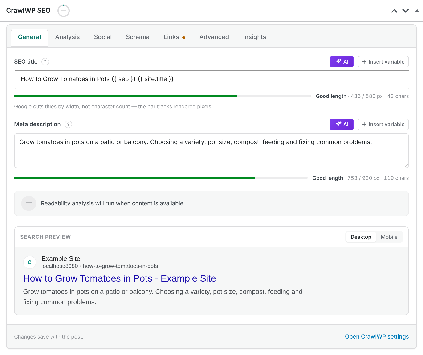 The General tab of the CrawlWP SEO box with an SEO title and meta description