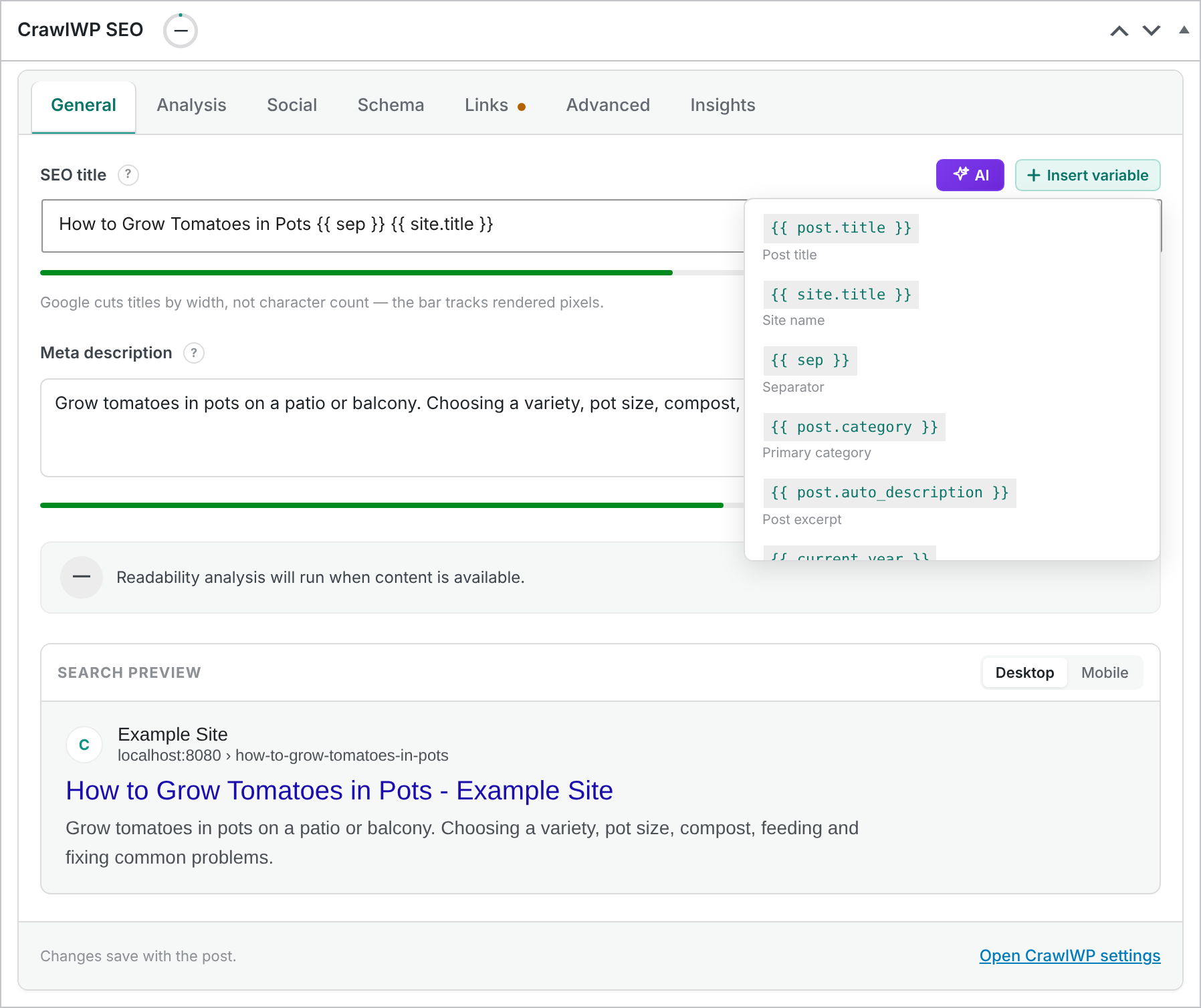 The Insert variable menu open next to the SEO title field
