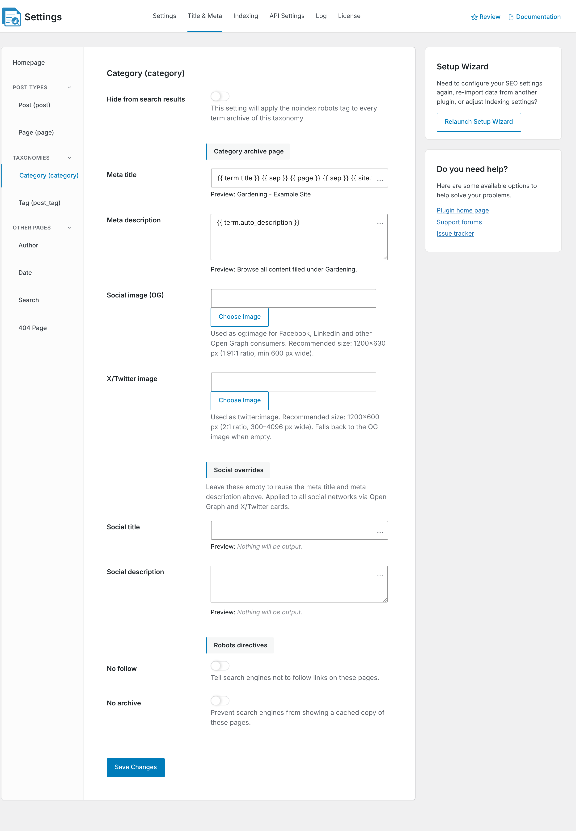 The Title & Meta settings for the Category taxonomy