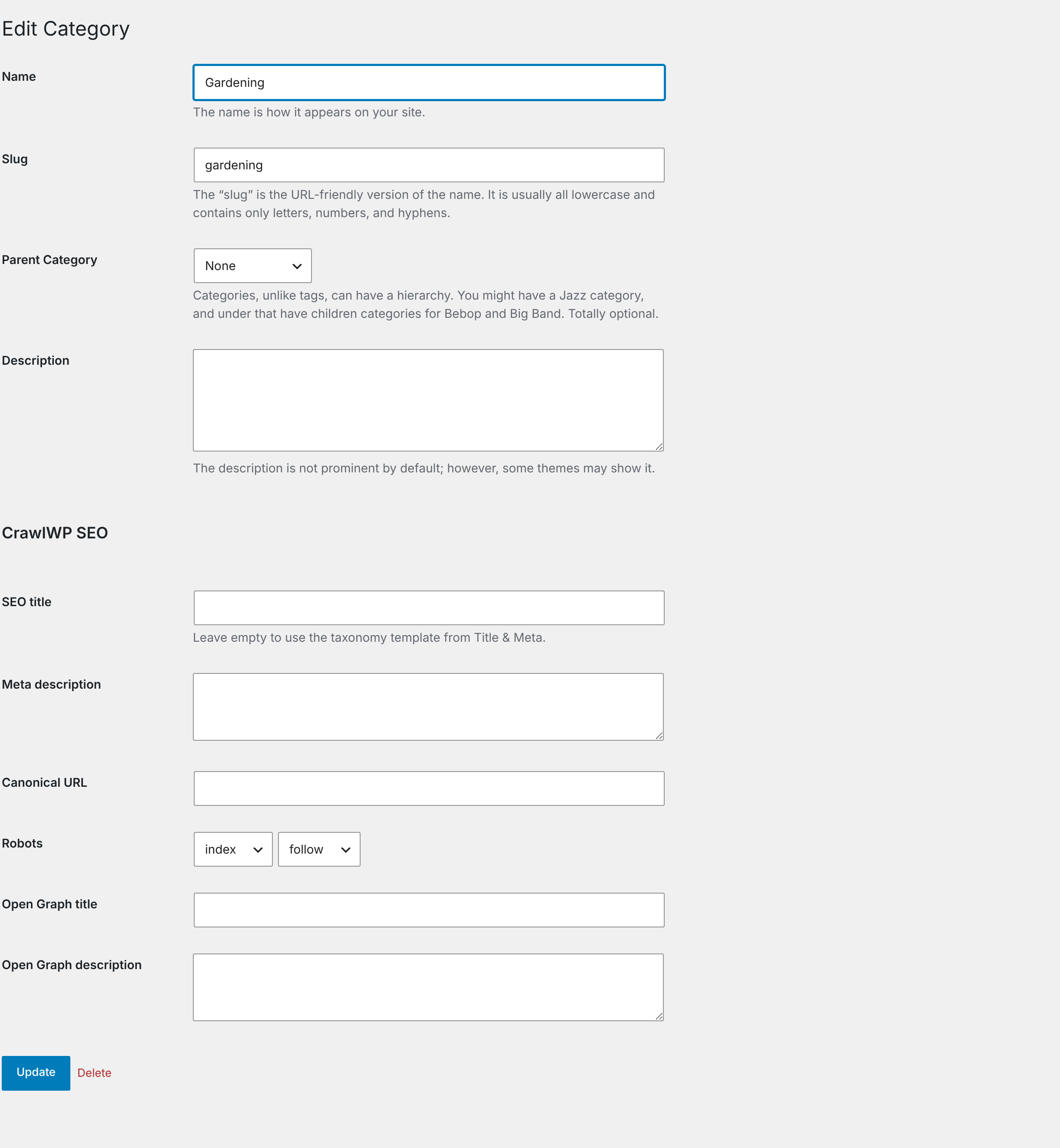 The CrawlWP SEO section on the Edit Category screen