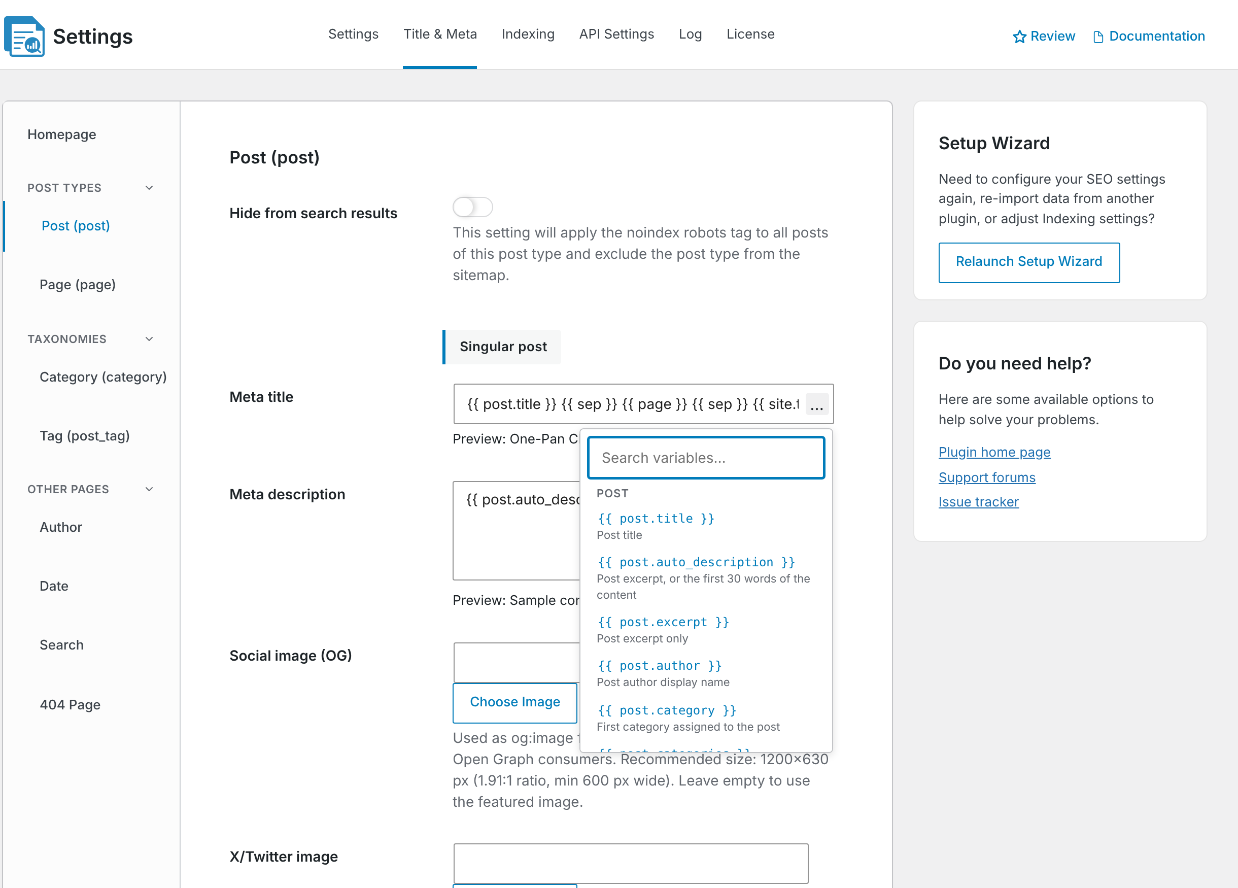 The variable list open on the Title & Meta tab