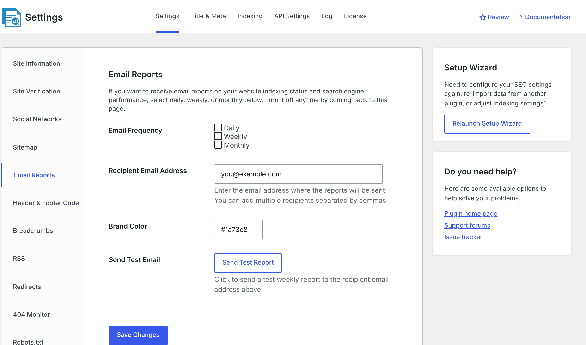The Email Reports settings