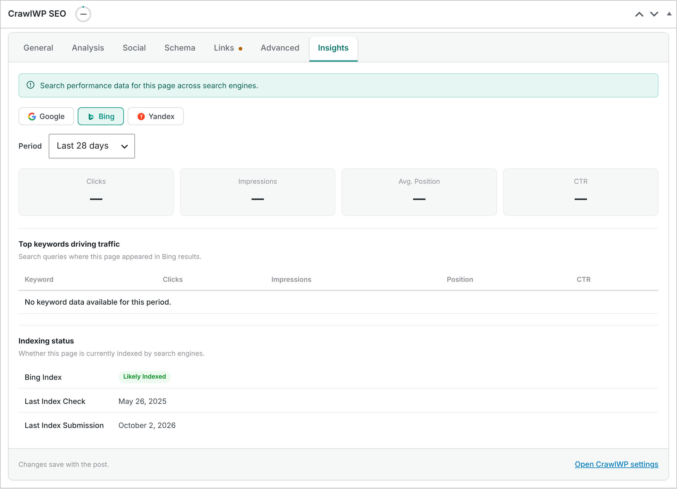 The Insights tab with Bing selected
