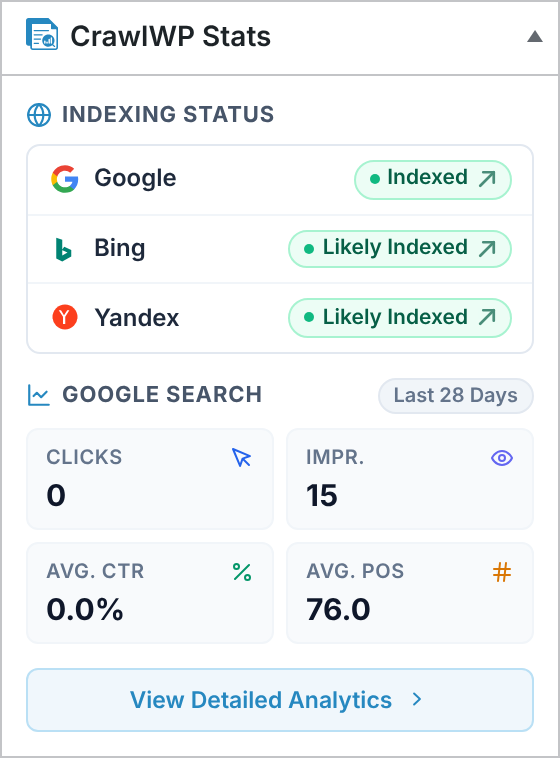 The CrawlWP Stats panel in the editor sidebar