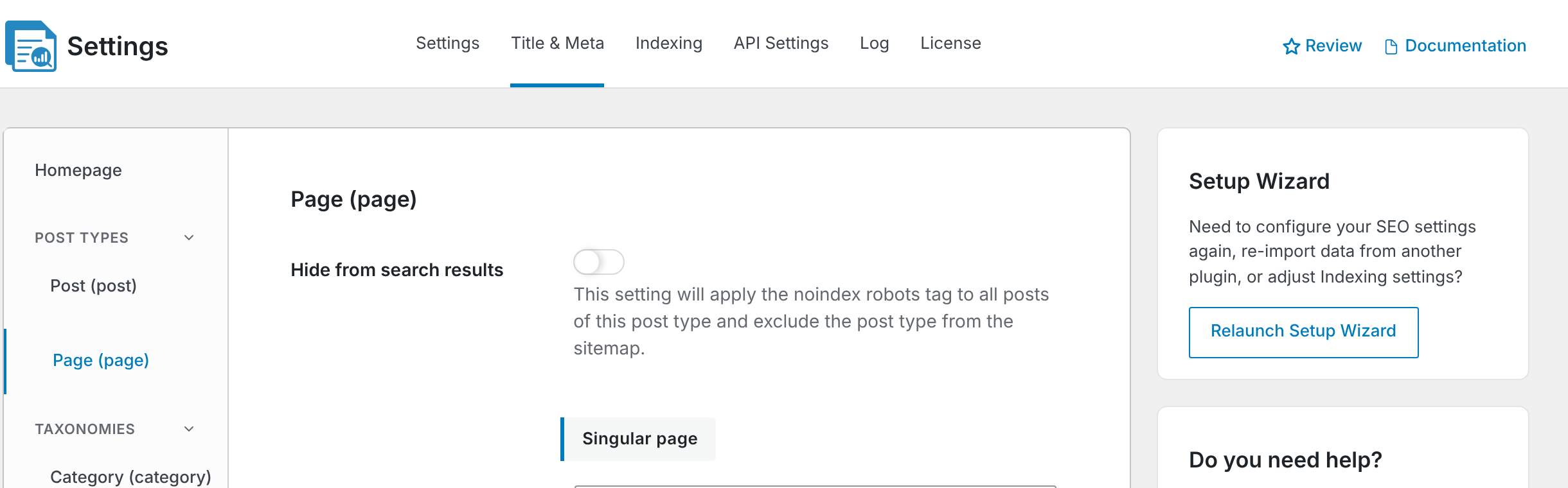 CrawlWP Hide from search results setting for the Page post type
