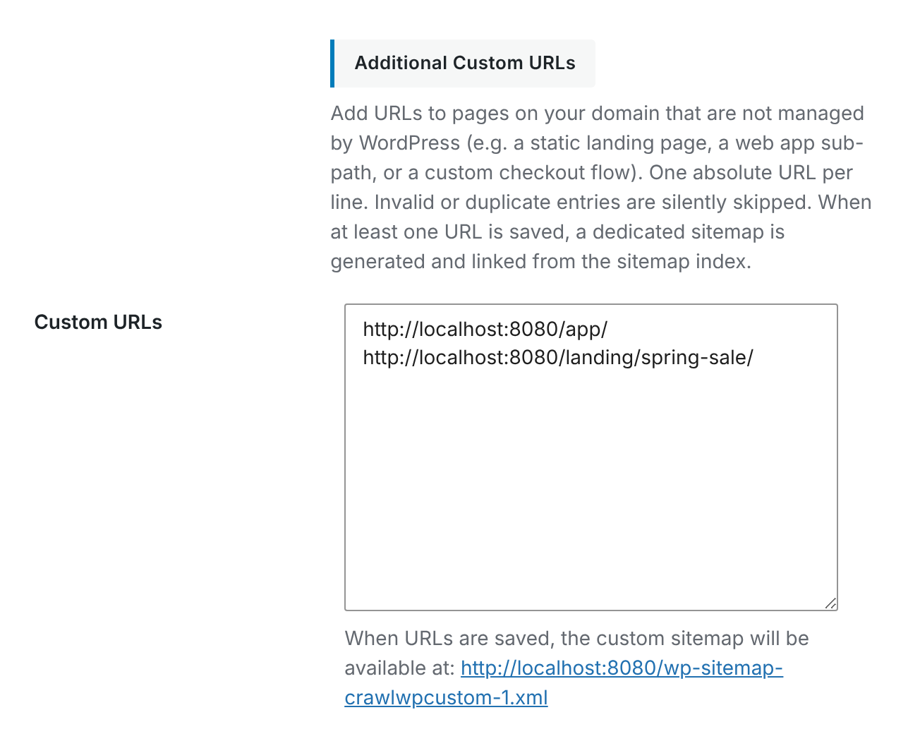CrawlWP Additional Custom URLs setting with custom addresses entered
