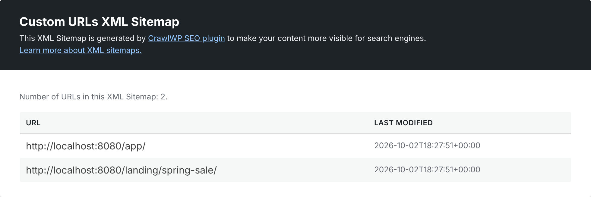 Custom URLs sitemap generated by CrawlWP