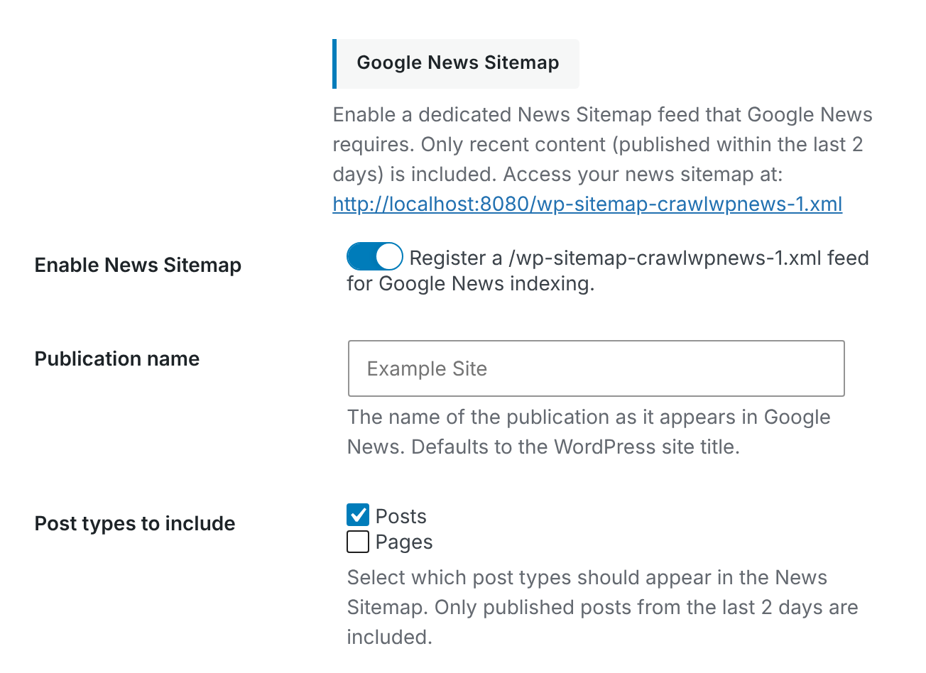 CrawlWP Google News Sitemap settings