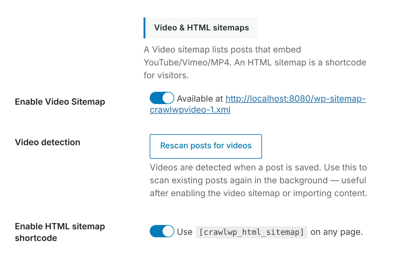 CrawlWP Enable HTML sitemap shortcode setting