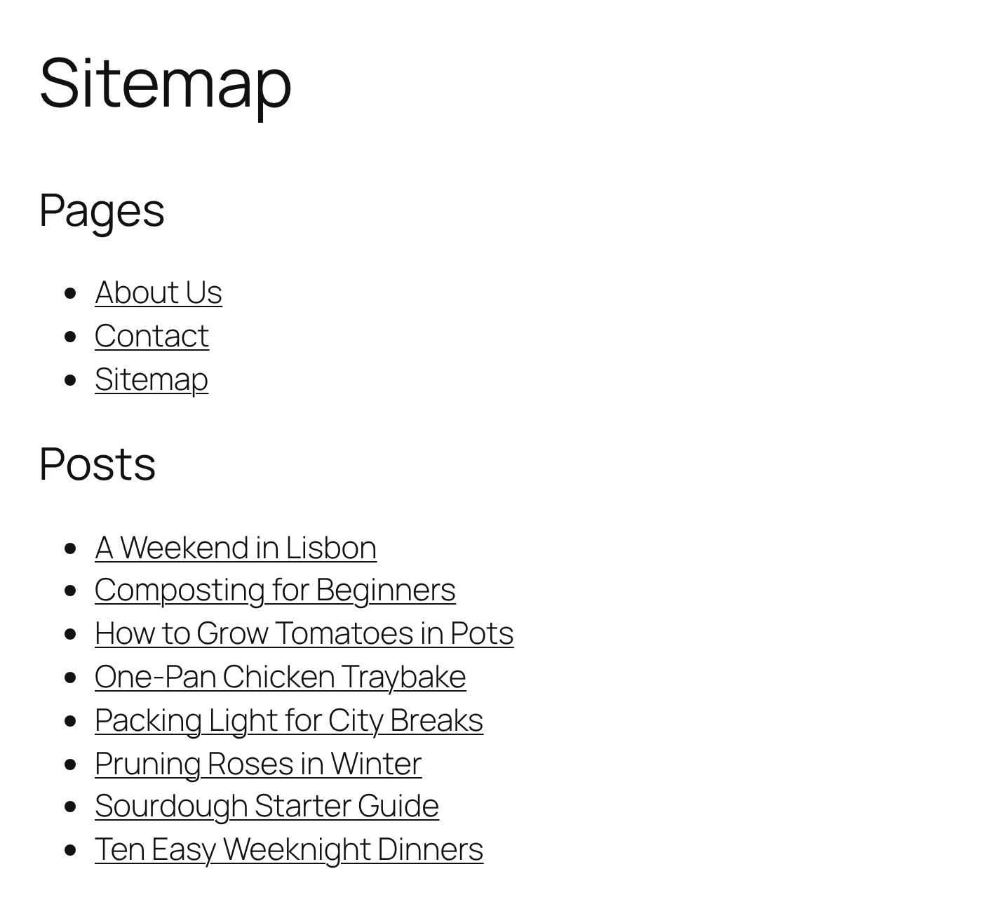 Example of an HTML sitemap generated by CrawlWP